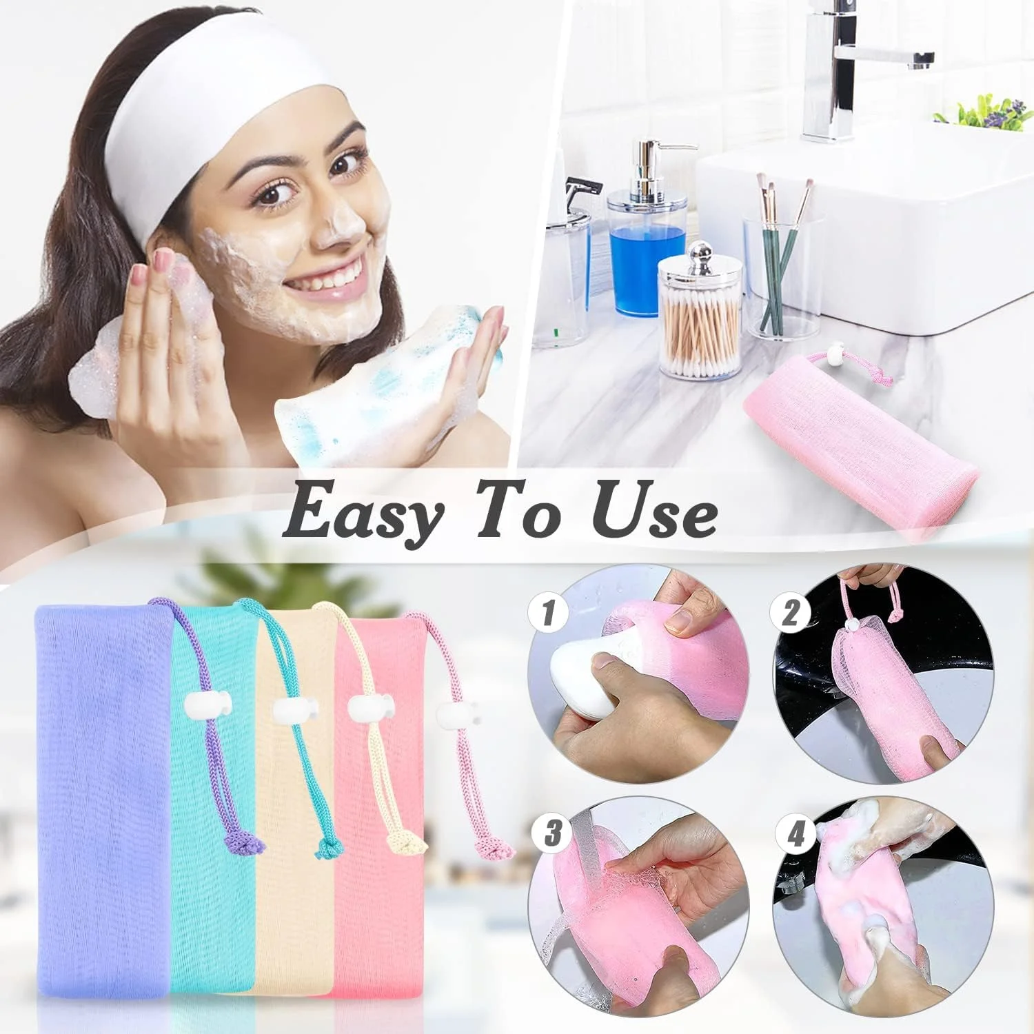 کیسه توری صابون لایه بردار، کیسه توری صابون فوم حباب دار، تور پاک کننده صورت و بدن چند رنگ برای درخششی تازه