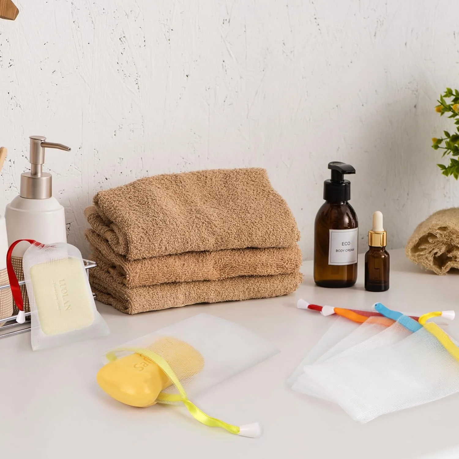 ۱۰۰ عدد کیسه صابون نرم برای دوش، کیسه نگهداری صابون لایه بردار با بند کشی برای کف کردن و خشک کردن، نرم برای ابزار تمیز کردن صورت و بدن، آسان برای ایجاد حباب و نگهداری صابون کوچک