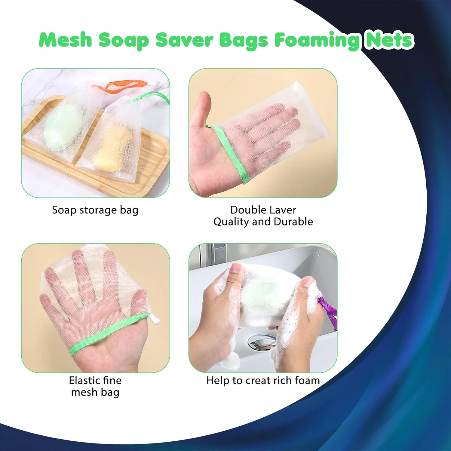 بسته 24 عددی کیسه توری صابون، کیسه توری نرم لایه بردار صابون، کیسه توری ضخیم دو لایه فوم با بند کشی برای ابزار شستشوی صورت و بدن (رنگ های متنوع)
