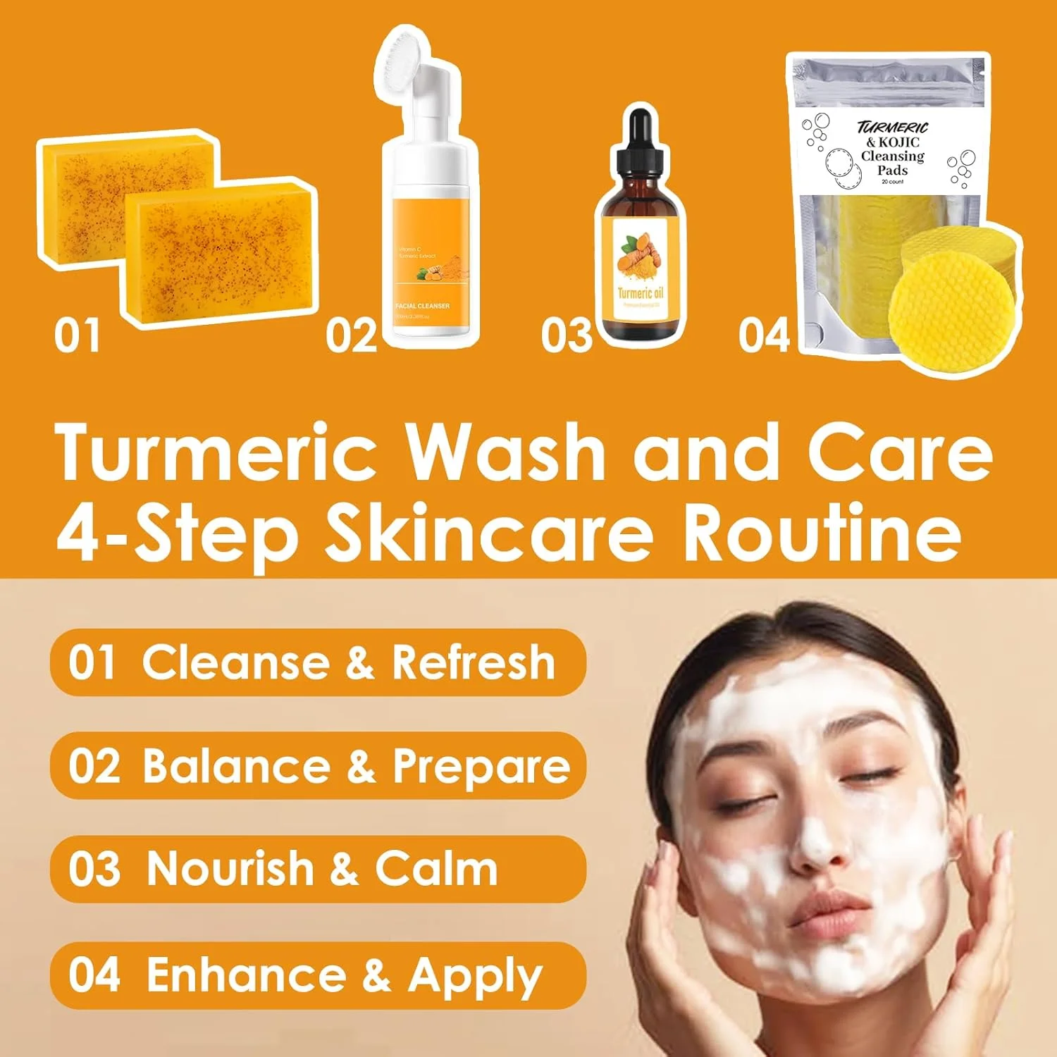 مجموعه ۴ تکه شستشو و مراقبت زردچوبه – ژل شستشوی صورت زردچوبه با برس، پدهای لایه بردار صورت، صابون های پاک کننده و روغن زردچوبه – مراقبت طبیعی پوست برای صورت و بدن