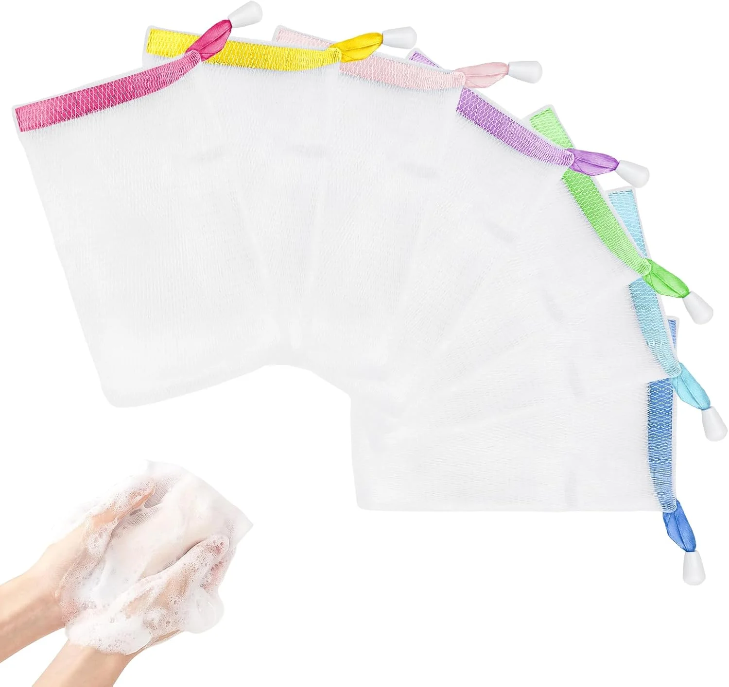 7 عدد کیسه صابون، کیسه صابون توری لایه بردار، کیسه نرم نگهدارنده صابون آویز با بند کشی برای حمام (رنگی)