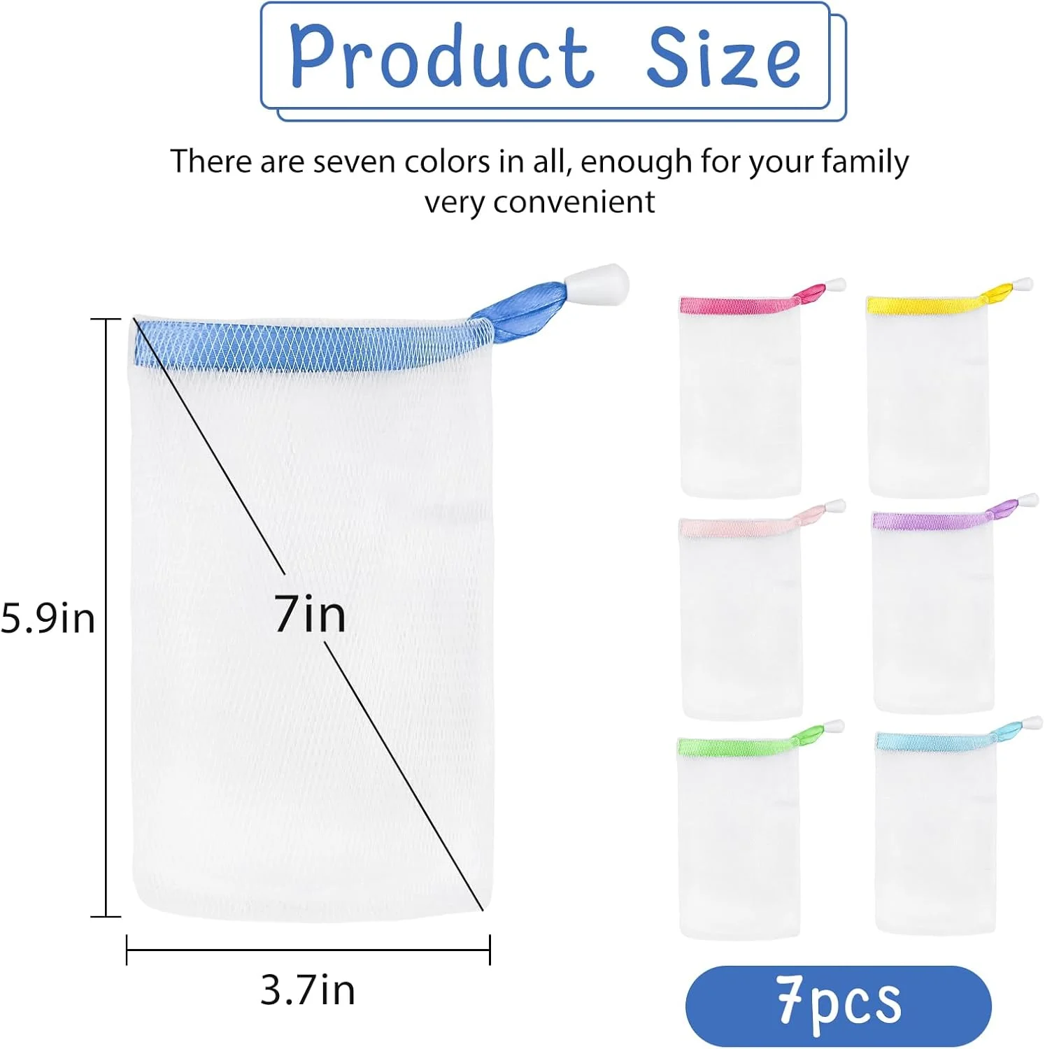 7 عدد کیسه صابون، کیسه صابون توری لایه بردار، کیسه نرم نگهدارنده صابون آویز با بند کشی برای حمام (رنگی)