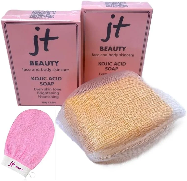 کیت صابون لاکچری ۱% کوجیک اسید با زردچوبه برای لکه‌های تیره - ۲ عدد صابون بزرگ ۱۰۰ گرمی به همراه اسکراب، دستکش لایه بردار و کیسه صابون - بسته بندی شده به عنوان هدیه