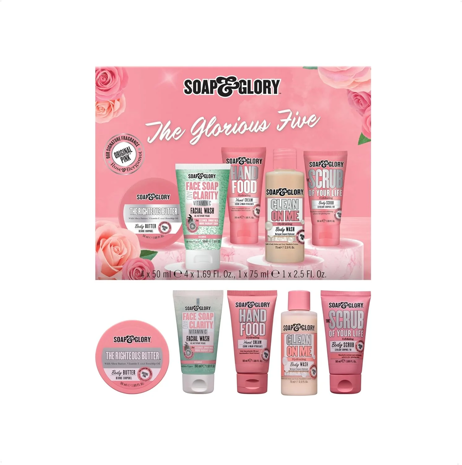 مجموعه هدیه مراقبت از پوست پنج گانه باشکوه Soap & Glory - کرم کره بدن The Righteous، کرم دست Hand Food، ژل دوش Clean on Me، پاک کننده صورت ویتامین C و اسکراب لایه بردار بدن (5 عدد)
