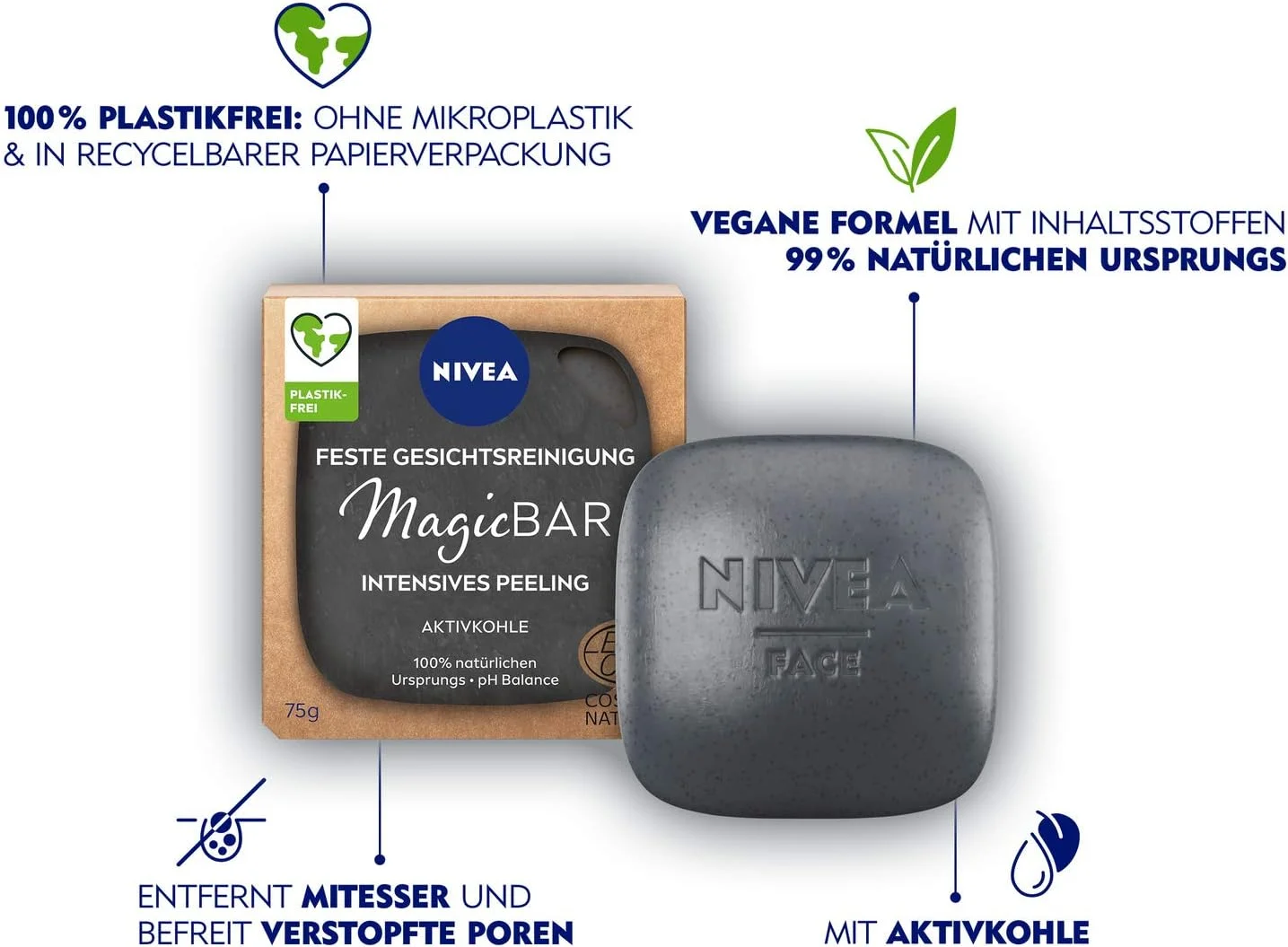 شوینده صورت جامد نیوآ MagicBar، لایه برداری قوی، اسکراب مات کننده صورت ضد جوش های سرسیاه، دارای گواهینامه لوازم آرایشی طبیعی با کربن فعال (75 گرم)