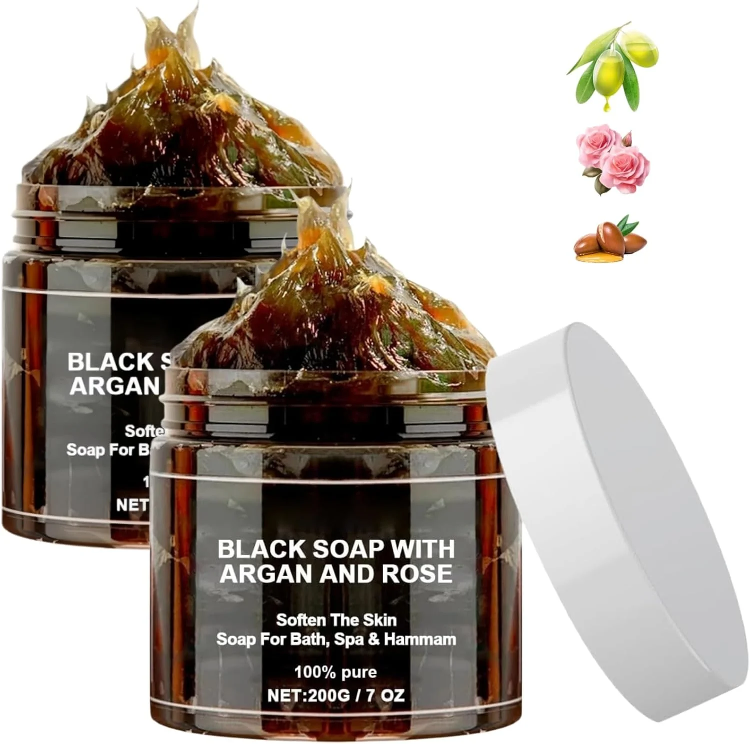 صابون سیاه مراکشی خالص با آرگان و گل رز - 400 گرم، صابون های بلدی سیاه مراکشی تایید شده توسط USDA، صابون های لایه بردار، حمام صابون سیاه مراکشی، اسکراب بدن مراکشی با دستکش لایه بردار