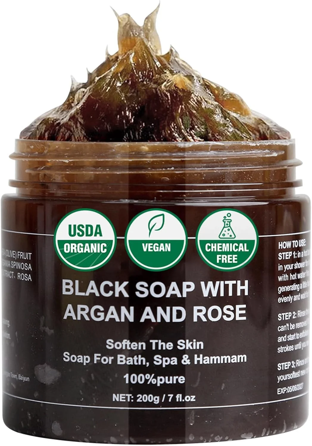 صابون سیاه مراکشی خالص - 200 گرم، دارای گواهی USDA، صابون بلدی سیاه مراکشی ارگانیک طبیعی، روشن کننده رنگ پوست، پاک کننده و لایه بردار عمیق، کف غنی برای زنان و مردان