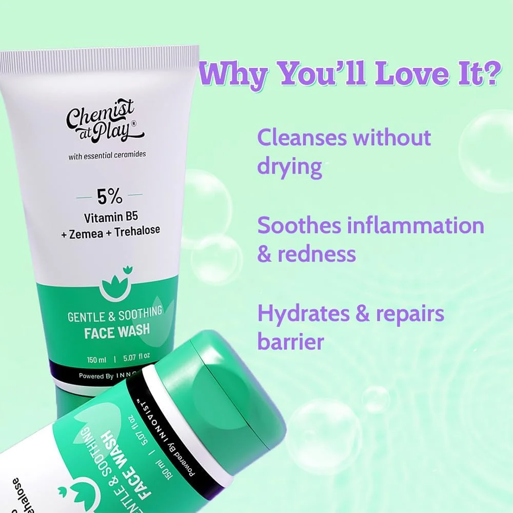 شوینده ملایم و تسکین دهنده صورت Chemist at Play | 100% فاقد صابون و عطر | پاک کننده، تسکین دهنده، طراوت بخش و آبرسان | تقویت کننده سد دفاعی پوست | 150 میلی لیتر