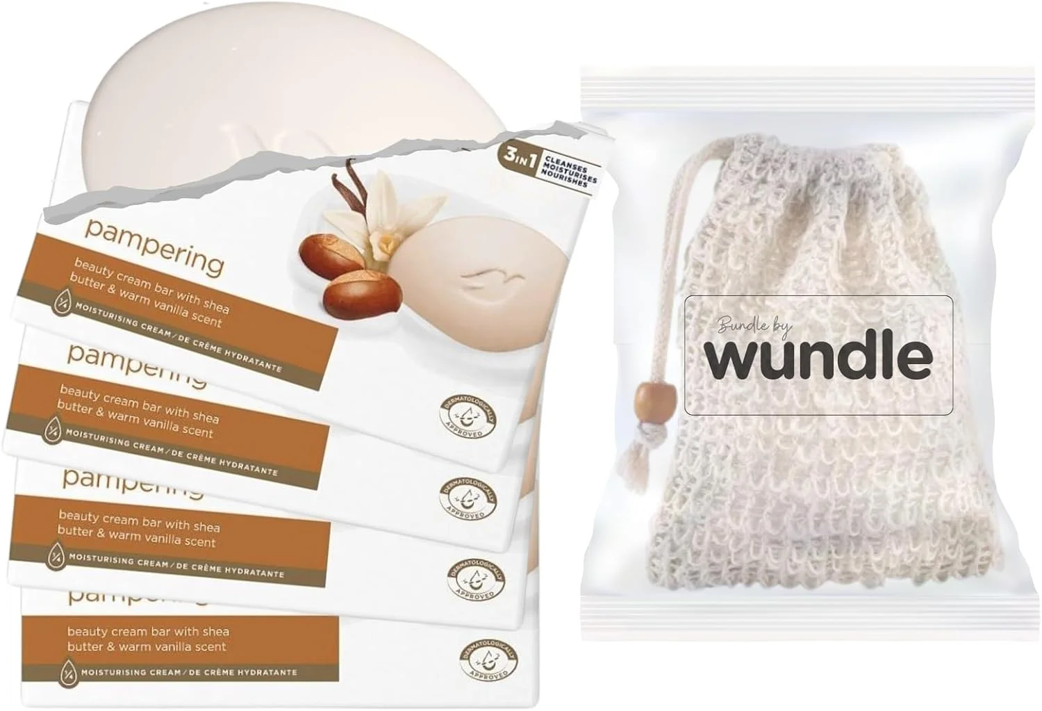 مجموعه کیسه لیف صابون به همراه 90 عدد صابون مرطوب کننده داو (شی باتر و وانیل گرم)