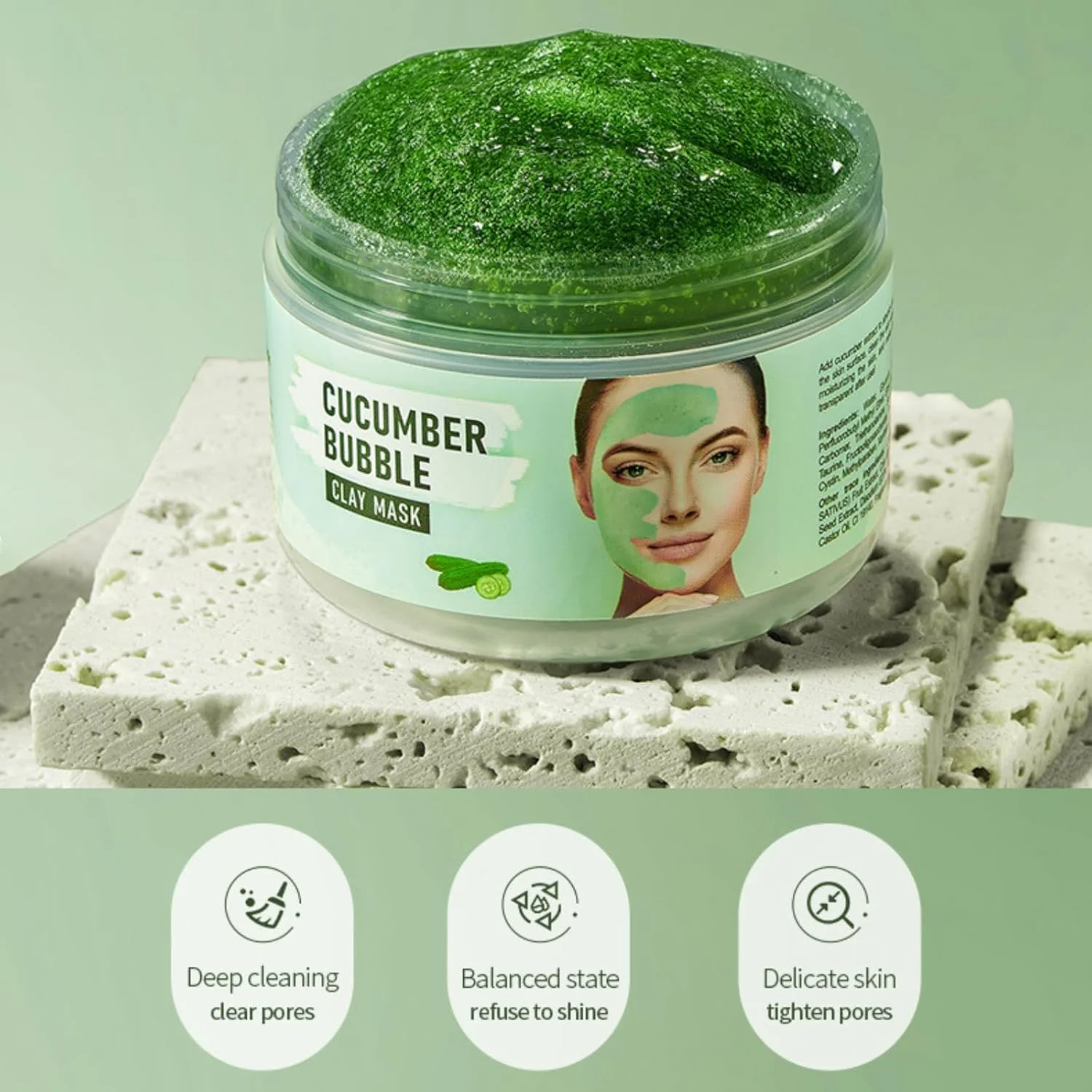 ماسک صورت خاک رسی حباب خیار تریفای، ماسک گِل چای سبز برای پاکسازی عمیق، کنترل چربی، کاهش جوش، دانه های سرسیاه و لکه های تیره، اصلاح منافذ، پوست صاف و الاستیک