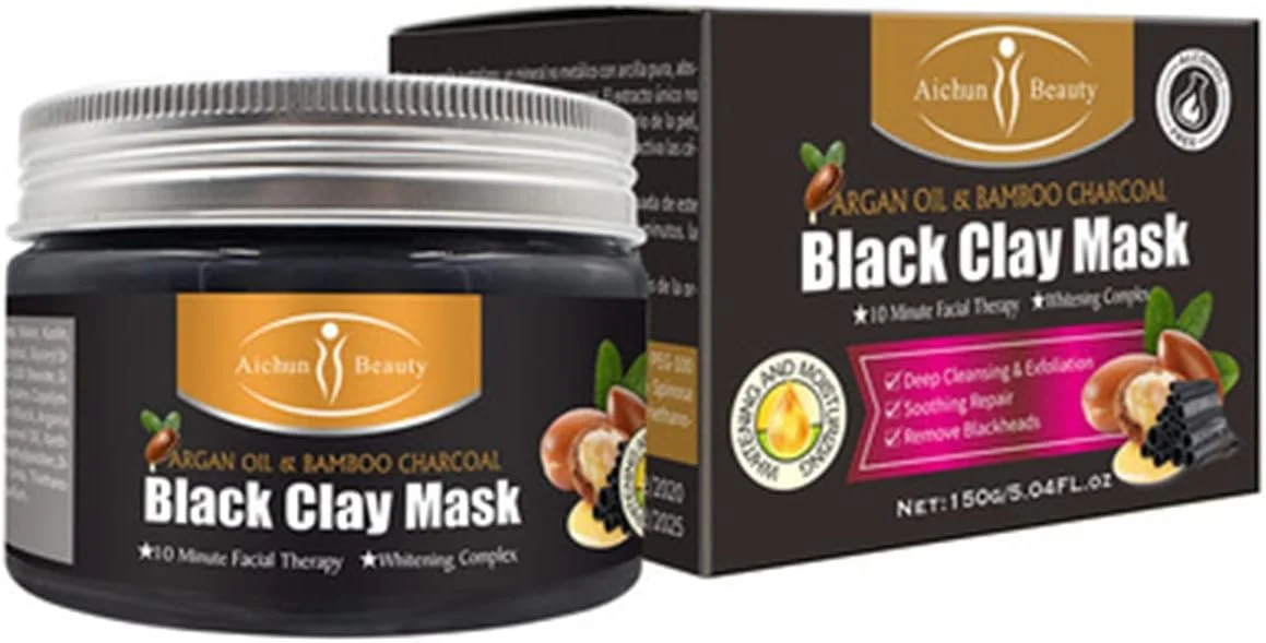 ماسک صورت خاک رسی آیچون بیوتی، پاک کننده عمیق، لایه بردار، تسکین دهنده، ترمیم کننده، مرطوب کننده صورت و ضد جوش (روغن آرگان و زغال بامبو (مشکی))