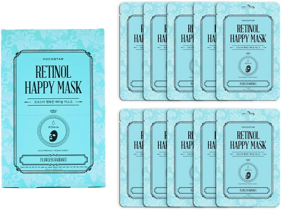 ماسک صورت نقابی خوشحال کننده پوست کوکواستار کره ای حاوی رتینول | بسته 10 عددی | 23 میلی لیتر | 20 دقیقه درمان برای آبرسانی و رطوبت رسانی عمیق