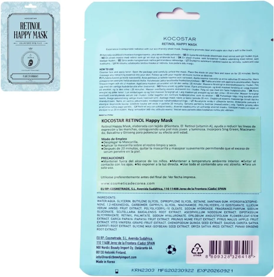 ماسک صورت نقابی خوشحال کننده پوست کوکواستار کره ای حاوی رتینول | بسته 10 عددی | 23 میلی لیتر | 20 دقیقه درمان برای آبرسانی و رطوبت رسانی عمیق