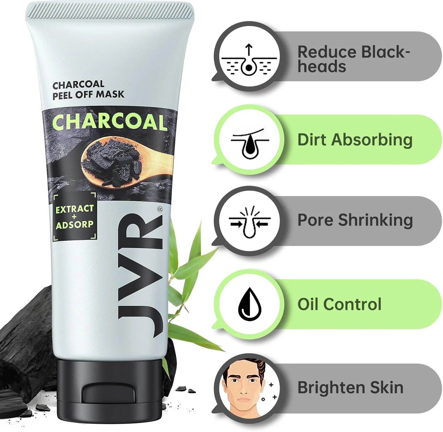 ماسک صورت لایه بردار JVR، ماسک از بین برنده جوش های سرسیاه برای آقایان و بانوان، ماسک زغال فعال لایه بردار 2 در 1، ماسک صورت پاک کننده و تمیز کننده عمیق برای انواع پوست 60 گرم