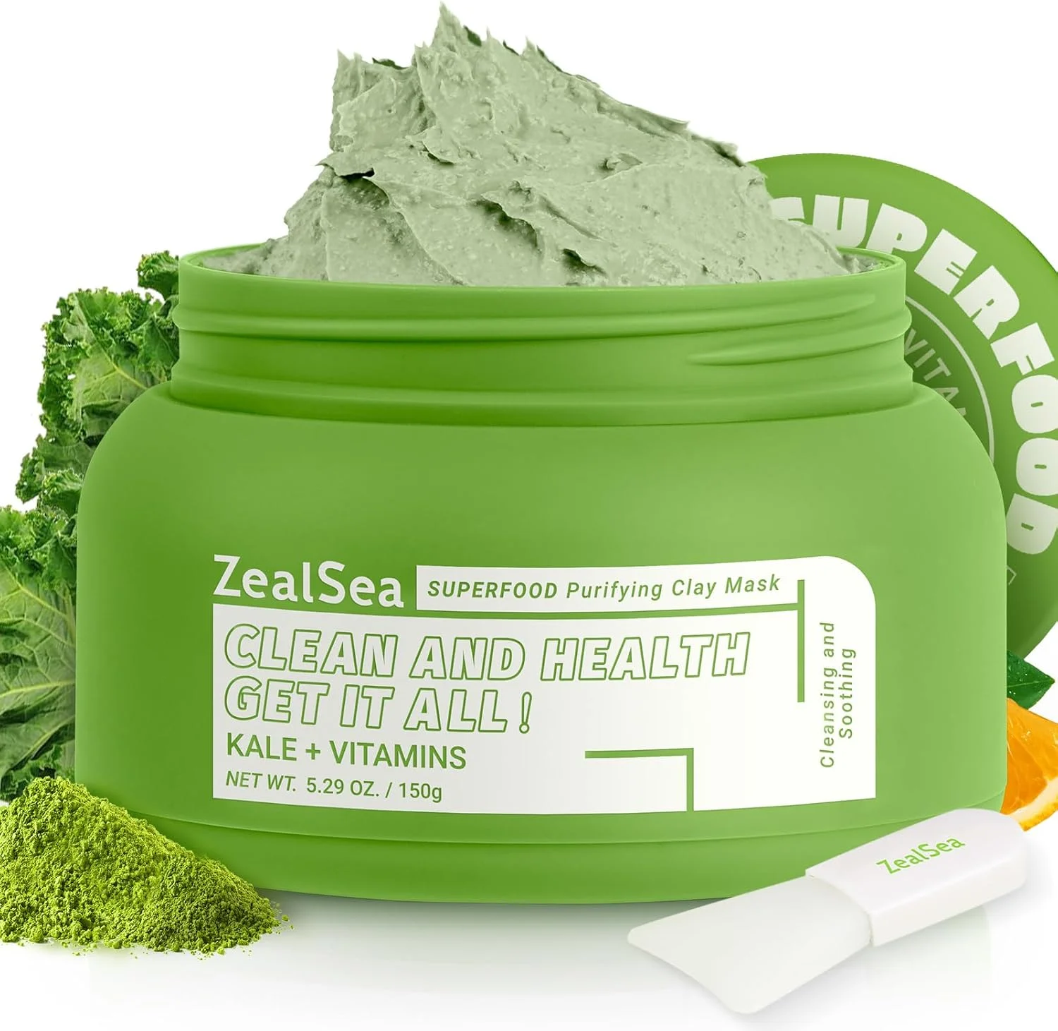 ماسک خاک رسی پاک کننده سوپرفود ZealSea، ماسک صورت کلم پیچ آنتی اکسیدان، ماسک گِلی مغذی سم زدا با ویتامین C/E برای ضد جوش، سفت کننده منافذ، روشن کننده و پاک کننده