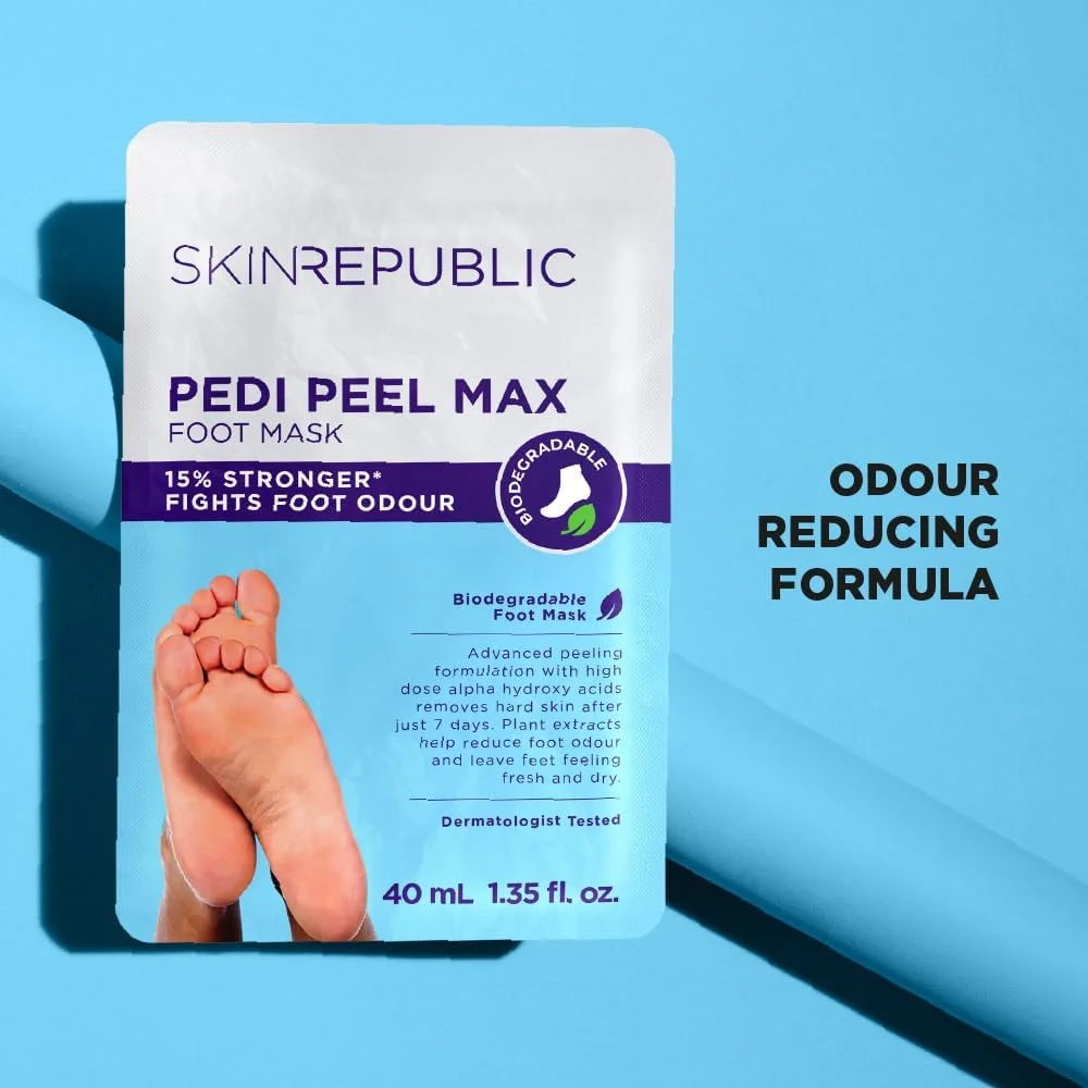 ماسک لایه بردار پا Skin Republic Pedi Peel (یک جفت) – ماسک لایه بردار پا با AHA، تانیک اسید و جینکوبیلوبا، از بین برنده پوست سخت، ترک پاشنه پا و پینه در 7 روز، مبارزه با بو، صاف و ترمیم کننده پوست