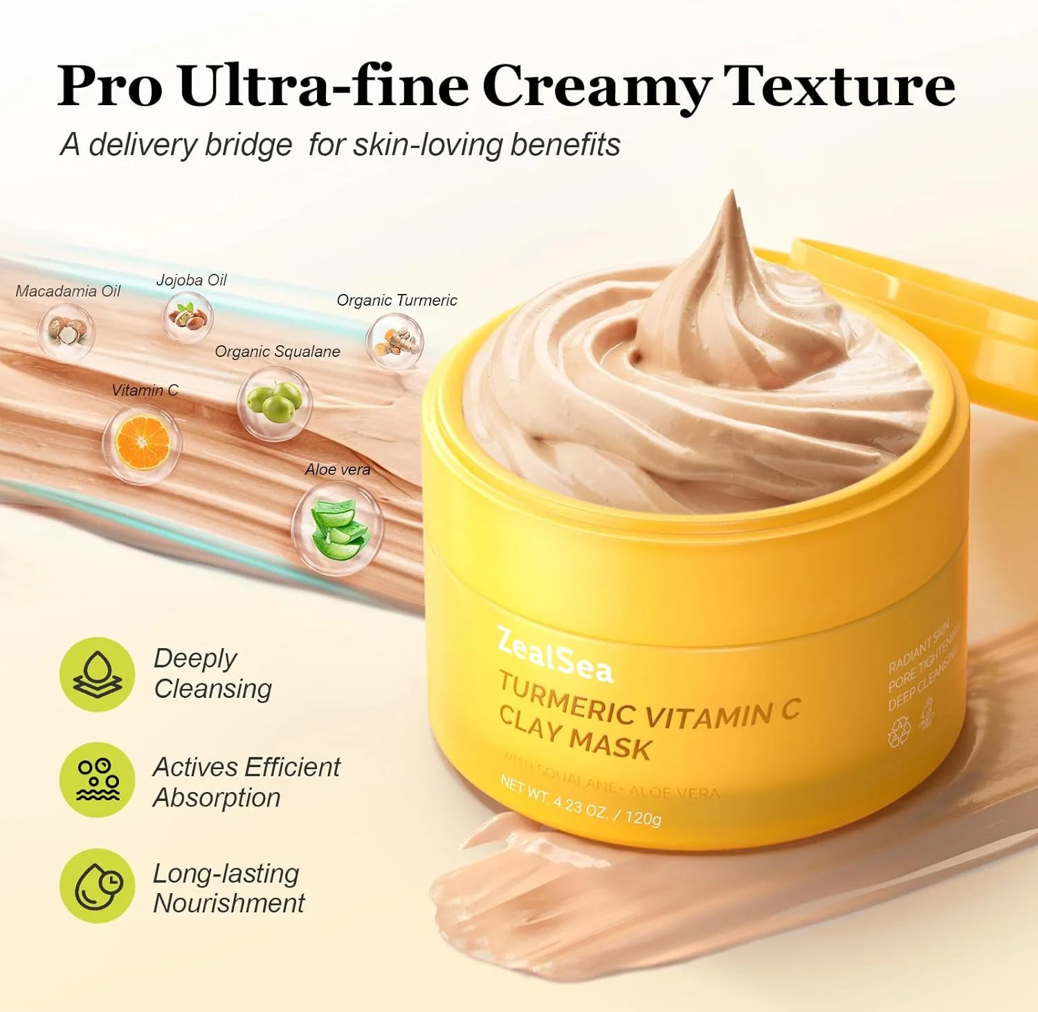 ماسک خاک رسی زردچوبه ZealSea برای لکه‌های تیره، روشن کننده و پالایش منافذ، ماسک صورت خاک رسی با ویتامین C، مراقبت از پوست حساس، ماسک صورت - شامل برس ماسک و اسفنج‌های صورت Konjac