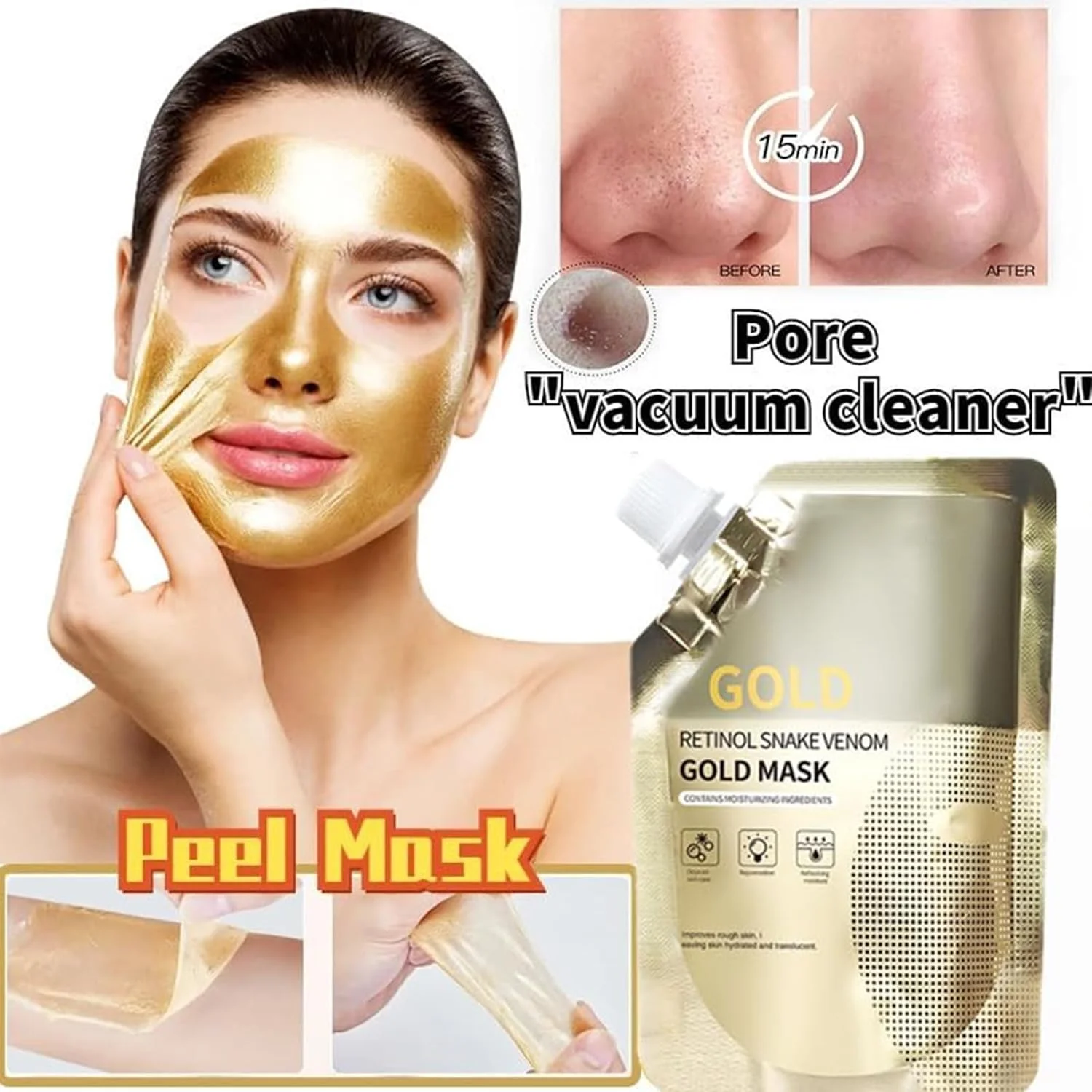 ماسک طلای پپتید سم مار رتینول گروسپه، ضد پیری، شفاف کننده و مرطوب کننده، بهبود پوست زبر، ماسک لایه بردار، سفت کننده، مرطوب کننده، تقویت کننده و مغذی پوست (3 عدد)