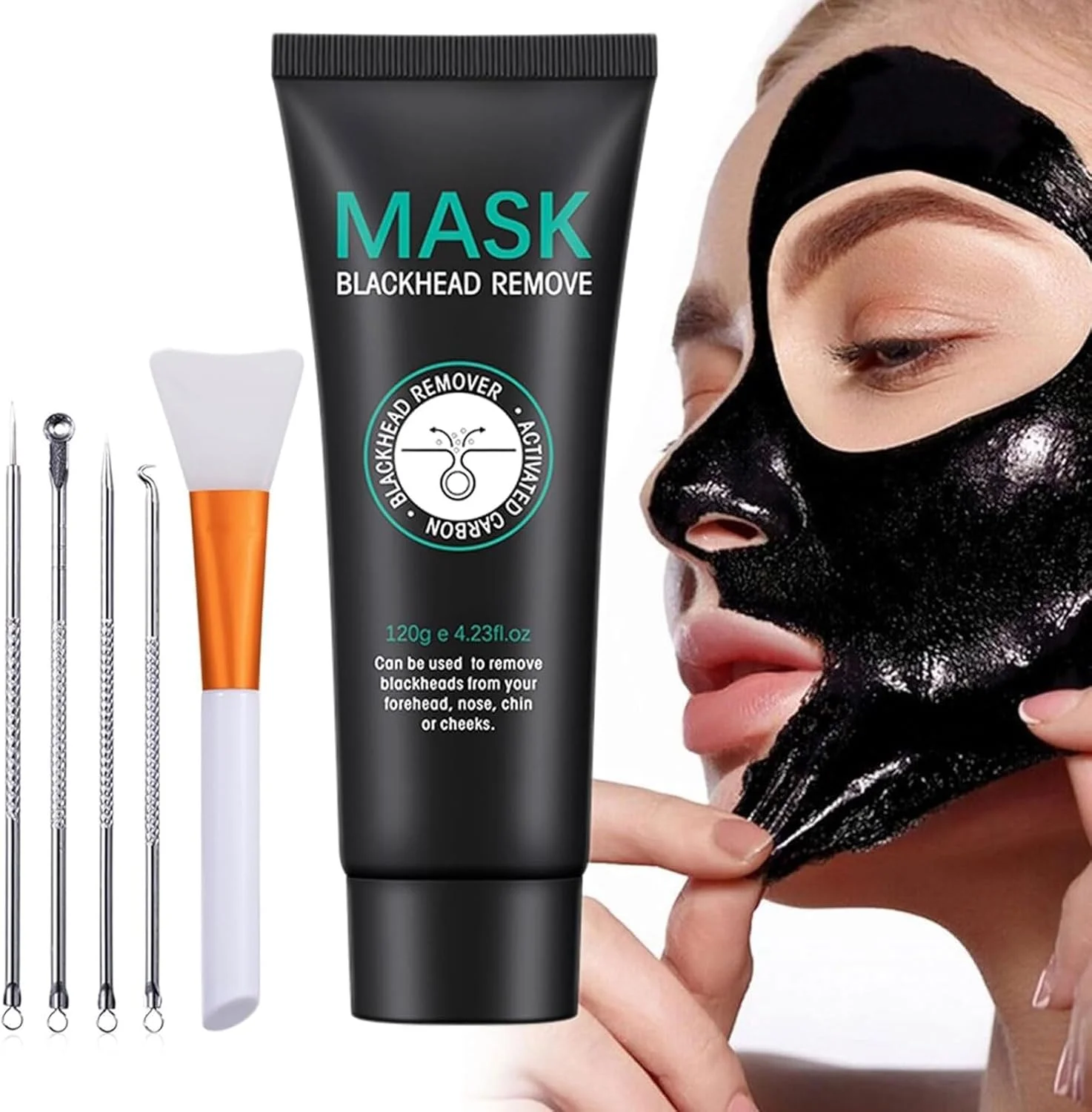 کیت ماسک پاک کننده جوش سرسیاه، ماسک صورت زغالی با برس و ابزار استخراج جوش، پاکسازی عمیق صورت، بینی، منافذ جوش سرسیاه، آکنه، مناسب برای انواع پوست