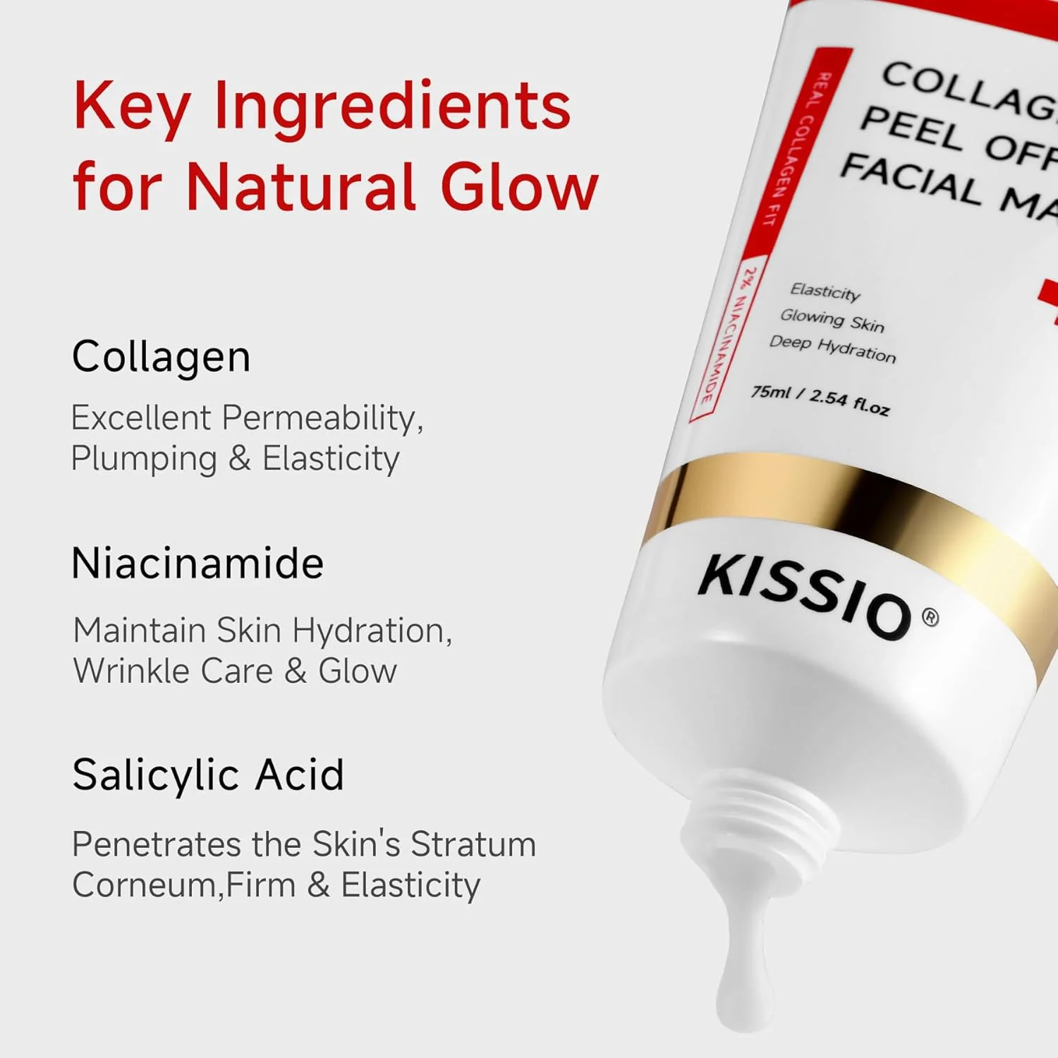 ماسک کلاژن هیدرولیز شده KISSIO، ماسک لایه بردار برای درخشش، آبرسانی و حجیم شدن، ماسک صورت با کلاژن، 2% نیاسینامید و اسید سالیسیلیک، مراقبت از پوست شیشه ای، 75 میلی لیتر