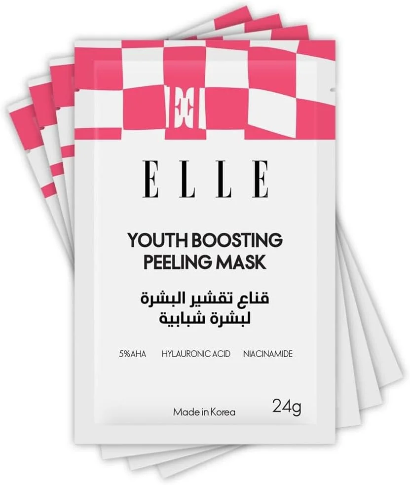 ماسک لایه بردار جوانساز ELLE - از کره | ماسک صورت ضد پیری، آبرسان و روشن کننده | حاوی پپتیدها، نیاسینامید، لاکتیک اسید و هیالورونیک اسید برای پوستی درخشان و جوان | بسته 4 عددی