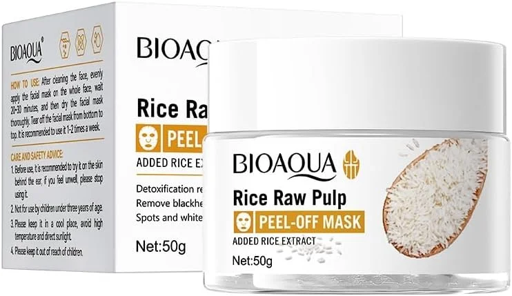 ماسک لایه بردار صورت عصاره برنج BIOAOUA - پاک کننده و سم زدا، کوچک کننده منافذ پوست، پاک کننده جوش های سرسیاه، پاکسازی عمیق، روشن کننده و مرطوب کننده پوست درخشان، مناسب برای انواع پوست - 50 گرم