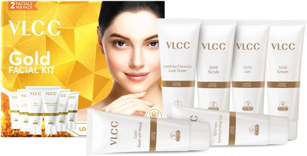 کیت فیشیال طلای وی‌ال‌سی‌سی برای پوست روشن و درخشان 60 گرمی | کیت فیشیال 6 مرحله‌ای با محصولات غنی شده با طلا | پاک کننده، اسکراب، ژل، کرم، ماسک لایه بردار و ژل مرطوب کننده | درخشش و آبرسانی فوری