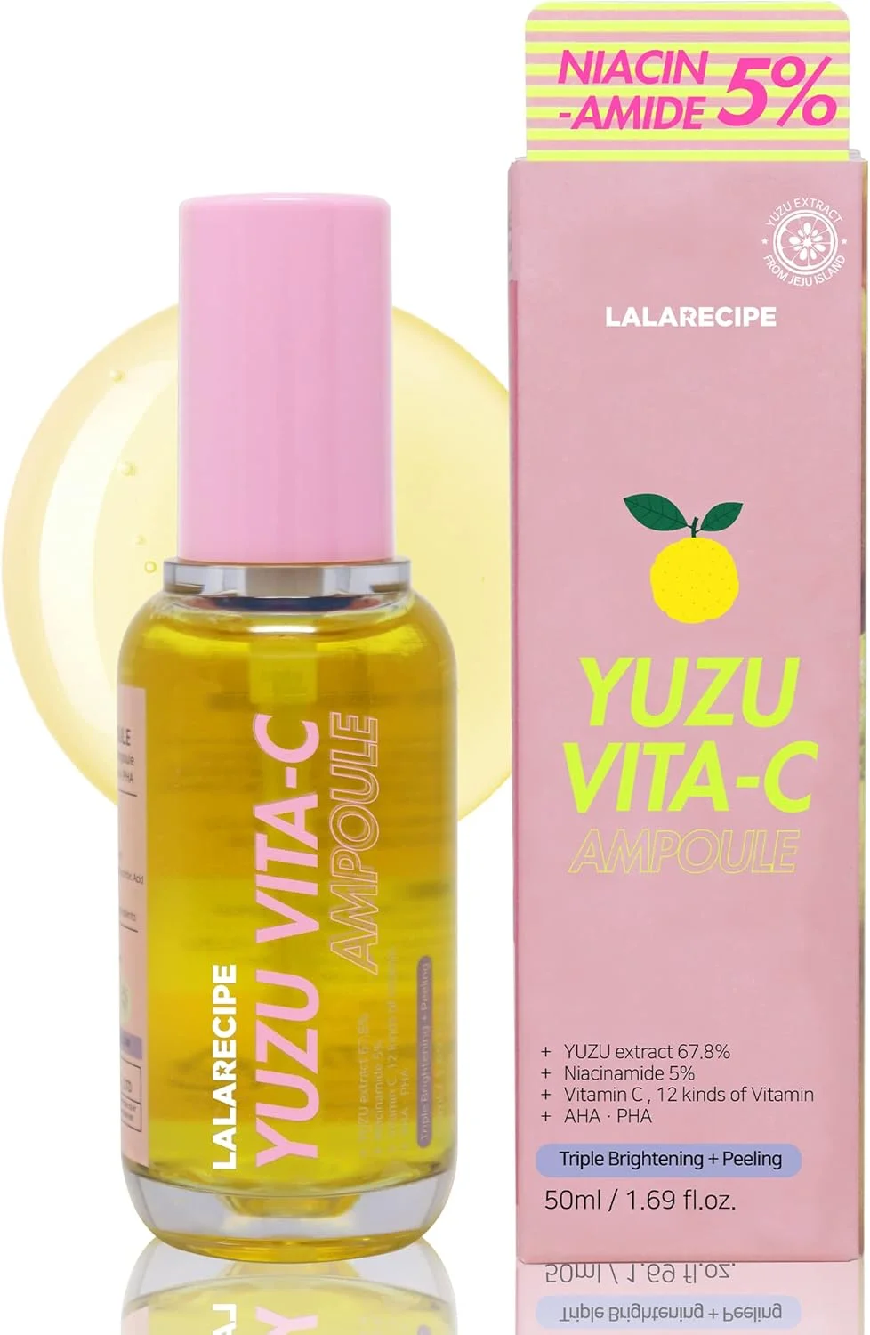 آمپول مرطوب کننده صورت ویتامین C یوزو LALARECIPE | سرم روشن کننده و آبرسان صورت حاوی نیاسینامید | سرم صورت اصلاح کننده لک های تیره برای پوست درخشان | مرطوب کننده روز و شب صورت 50 میلی لیتر