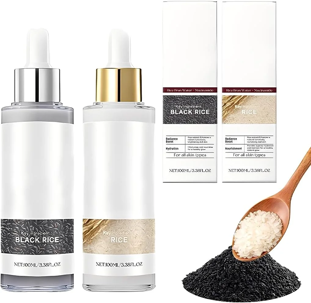 آمپول برنج درخشان کننده پوست، لایه بردار صورت با برنج سیاه و سفید، اسکراب صورت برای انواع پوست، صاف کننده رنگ پوست، مرطوب کننده (2 عدد)