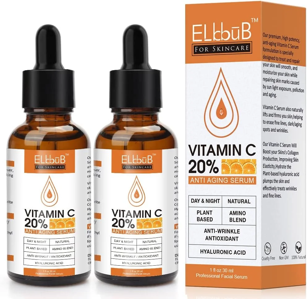 سرم ویتامین سی ممتاز ELBBUB با 20% غلظت - (2 عددی) حاوی هیالورونیک اسید، رتینول و آمینو اسیدها - تقویت کلاژن پوست، آبرسانی و حجیم کردن پوست، سرم صورت ضد پیری و ضد چروک