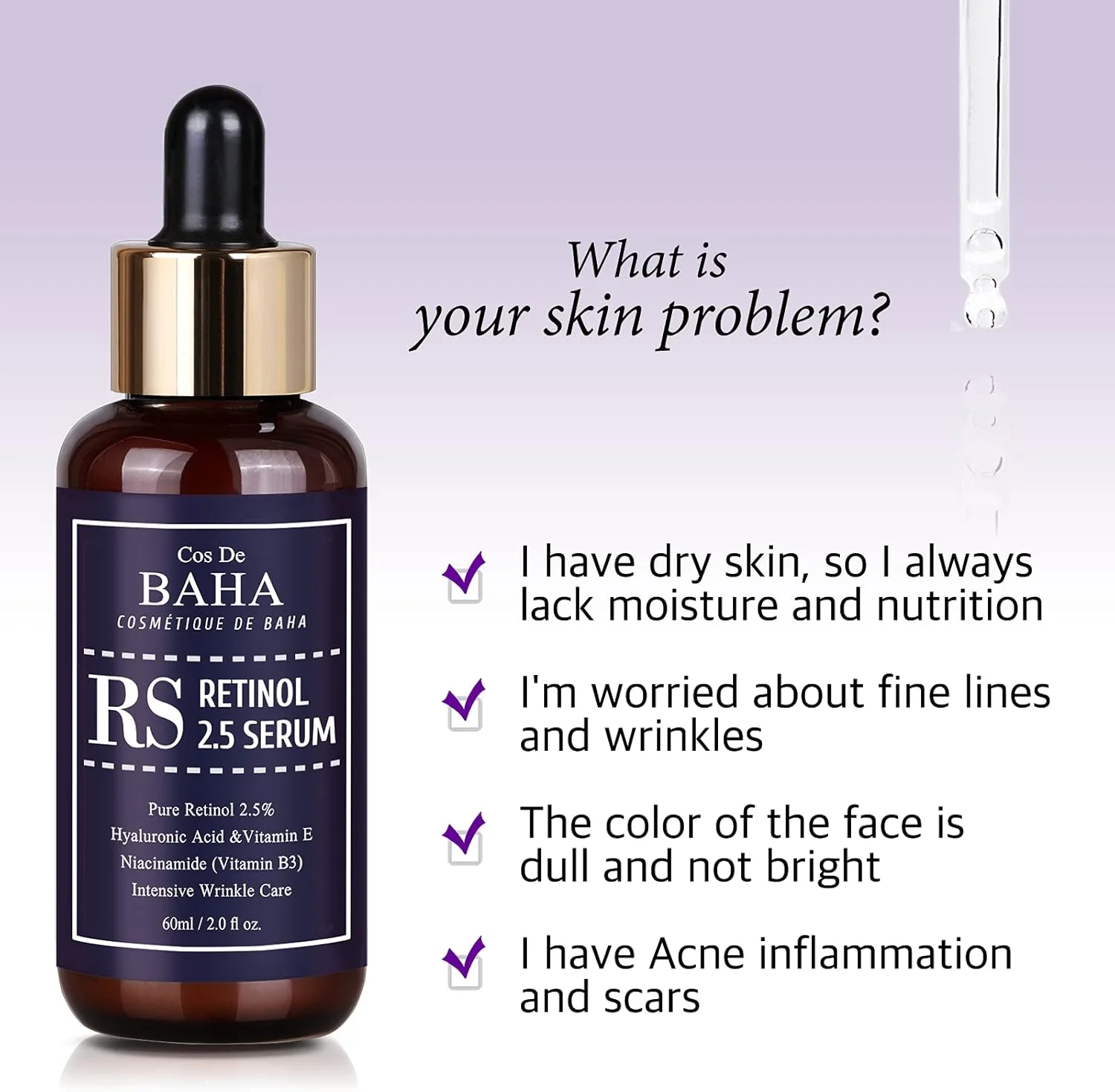 سرم صورت حاوی رتینول 2.5% Cos De BAHA به همراه ویتامین E - از بین برنده لک های صورت، محلول قوی برای صورت بدون نیاز به نسخه، 60 میلی لیتر