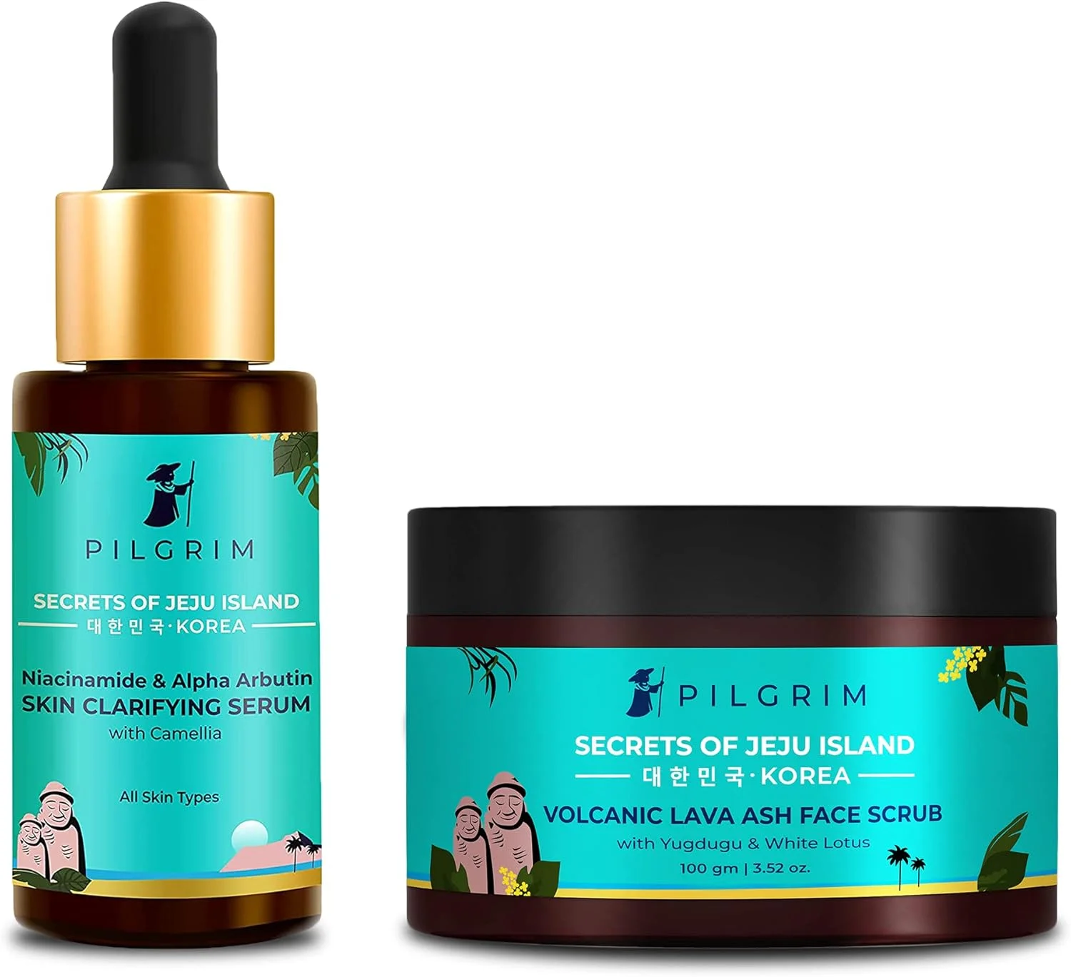 پک ترکیبی لایه بردار پوست پیلگریم | اسکراب صورت با خاکستر آتشفشانی خالص کننده 100 گرم، سرم روشن کننده پوست نیاسینامید 30 میلی لیتر | کاهش ظاهر جای زخم و حفره های آکنه | زیبایی کره ای