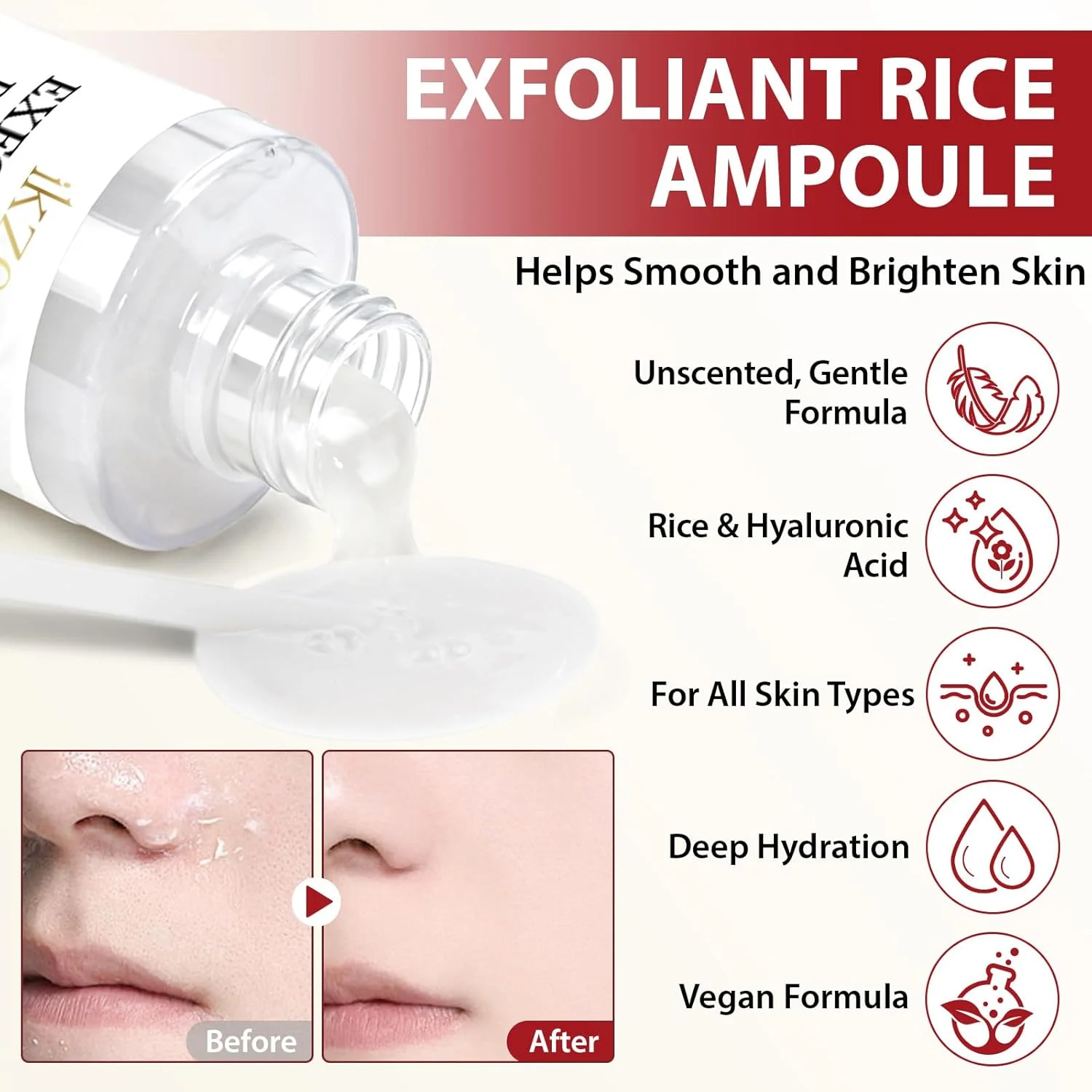 سرم لایه بردار برنج سفید، آمپول لایه بردار با مراقبت ویژه، به آرامی سلول های مرده پوست و جوش های سرسیاه را از بین می برد، رطوبت شدیدی را فراهم می کند و بازسازی پوست را برای داشتن پوستی نرم فعال می کند.