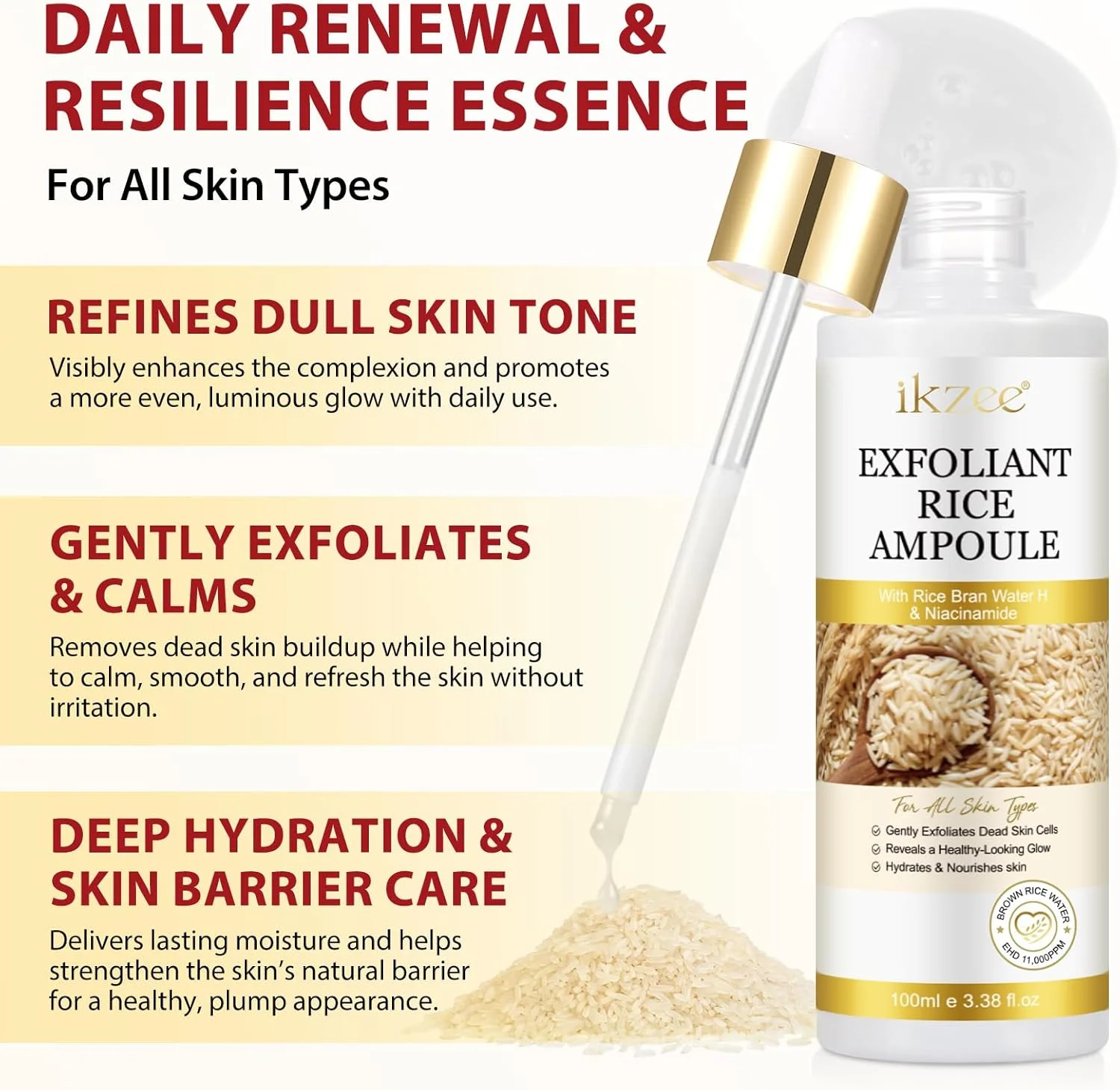 سرم لایه بردار برنج سفید، آمپول لایه بردار با مراقبت ویژه، به آرامی سلول های مرده پوست و جوش های سرسیاه را از بین می برد، رطوبت شدیدی را فراهم می کند و بازسازی پوست را برای داشتن پوستی نرم فعال می کند.