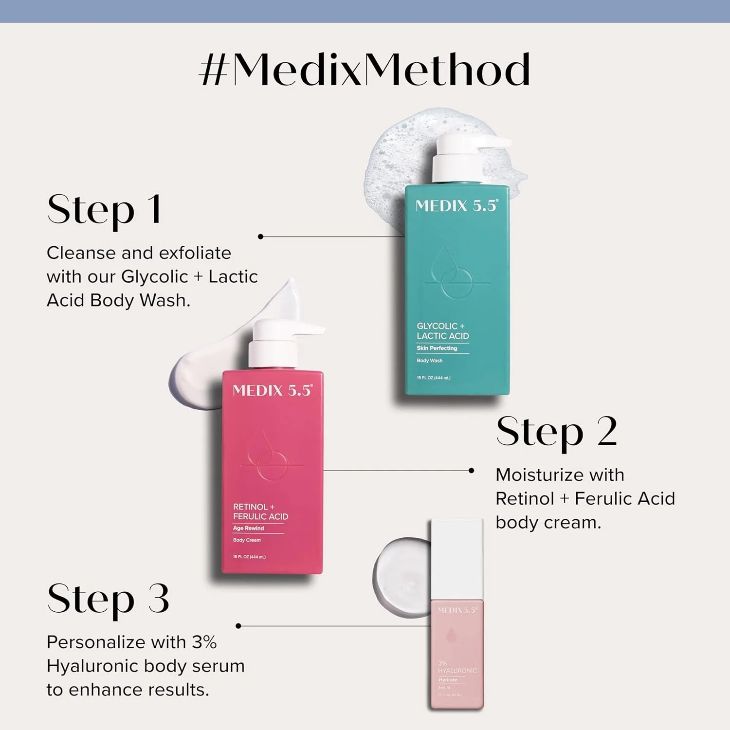 مجموعه مراقبت از پوست ضد پیری 3 تکه MEDIX 5.5 | کرم بدن رتینول + شستشوی صورت و بدن فومینگ AHA گلیکولیک اسید لایه بردار + تقویت کننده سرم هیالورونیک اسید، شستشو + درمان + مجموعه مراقبت از پوست آبرسان، مجموعه 3 تکه