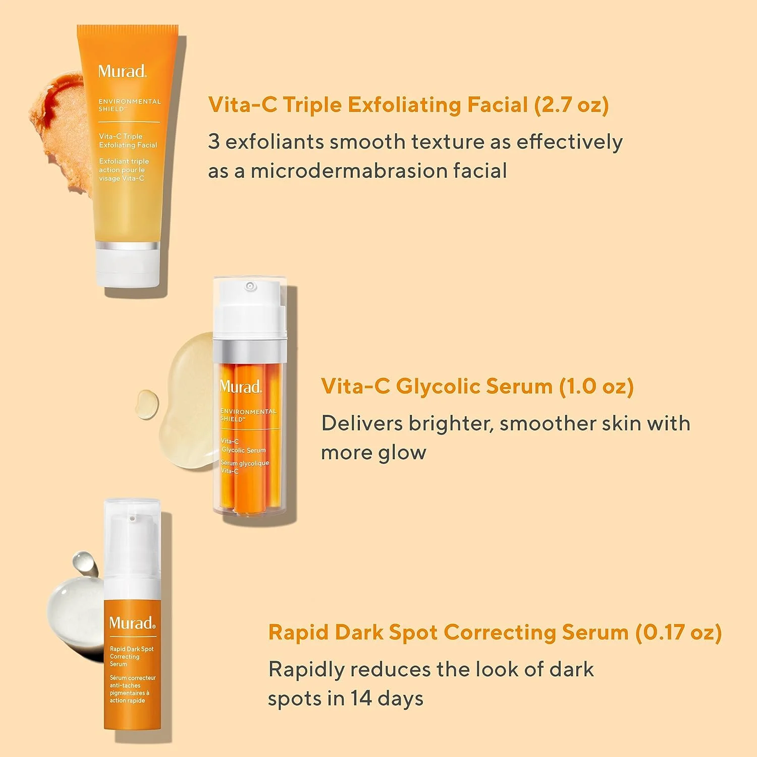 مجموعه سه عددی روشن کننده پوست Murad (به ارزش 171 پوند) - لایه بردار صورت سه گانه ویتا-سی 80 میلی لیتر، سرم گلیکولیک ویتا-سی 30 میلی لیتر و سرم روشن کننده سریع پوست 5 میلی لیتر