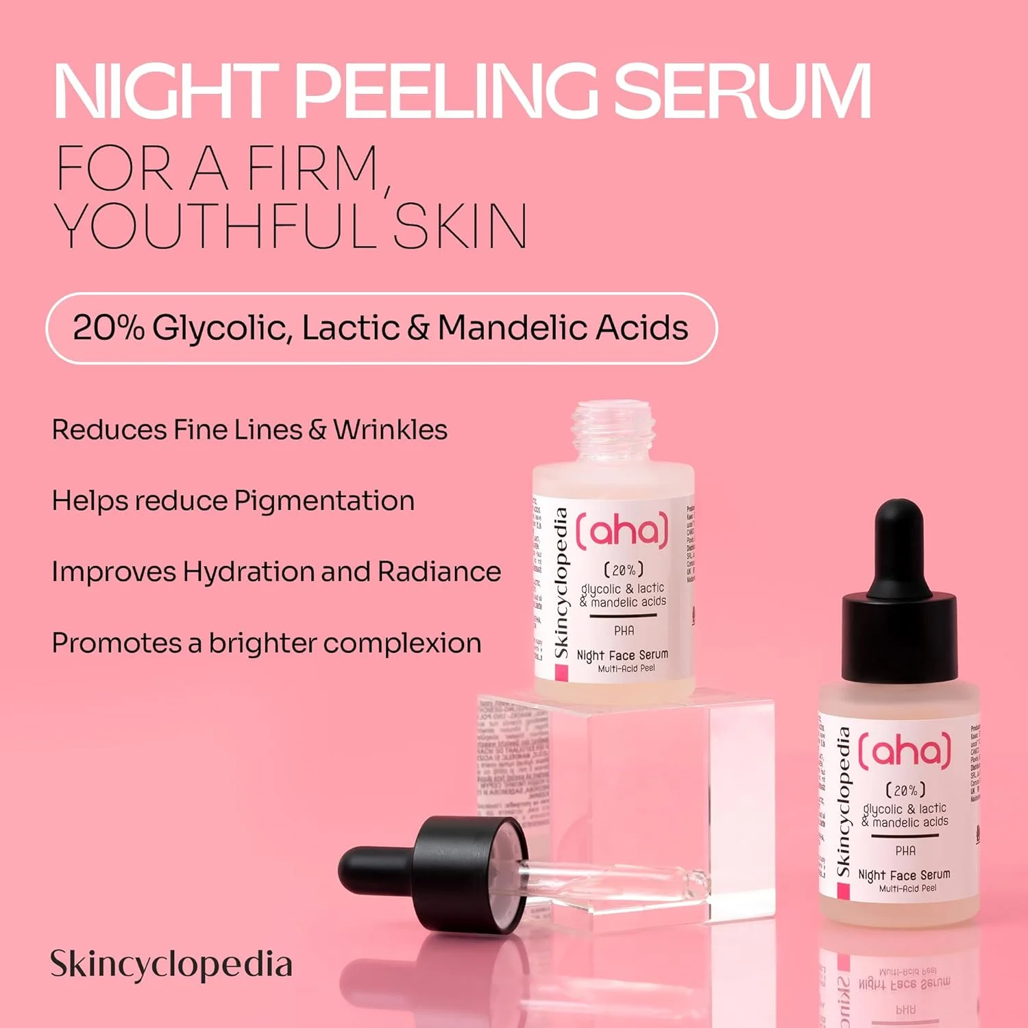 سرم شب لایه بردار AHA Skincyclopedia حاوی 20% لاکتیک، گلیکولیک و ماندلیک اسید و PHA - محلول لایه برداری شیمیایی برای لک ها، هایپرپیگمنتیشن، جای جوش و منافذ - مناسب برای آقایان و بانوان، 30 میلی لیتر