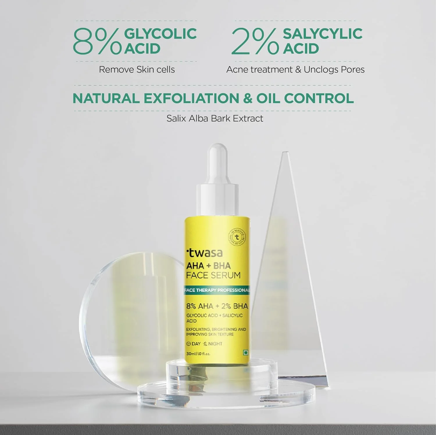 سرم لایه بردار صورت تواسا حاوی 8% AHA + 2% BHA، سرم حاوی AHA (گلیکولیک اسید) و BHA (سالیسیلیک اسید) | سرم لایه بردار | سرم برای کاهش خطوط ریز و چروک، کاهش رنگدانه | 30 میلی لیتر