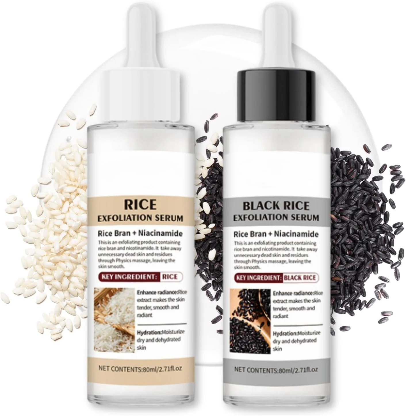 سرم آمپولی برنج لایه بردار و درخشان کننده پوست - آمپول برنج سفید و سیاه - لایه برداری صورت با برنج سفید و سیاه - سرم لایه بردار برنج، پاک کننده منافذ و مرطوب کننده