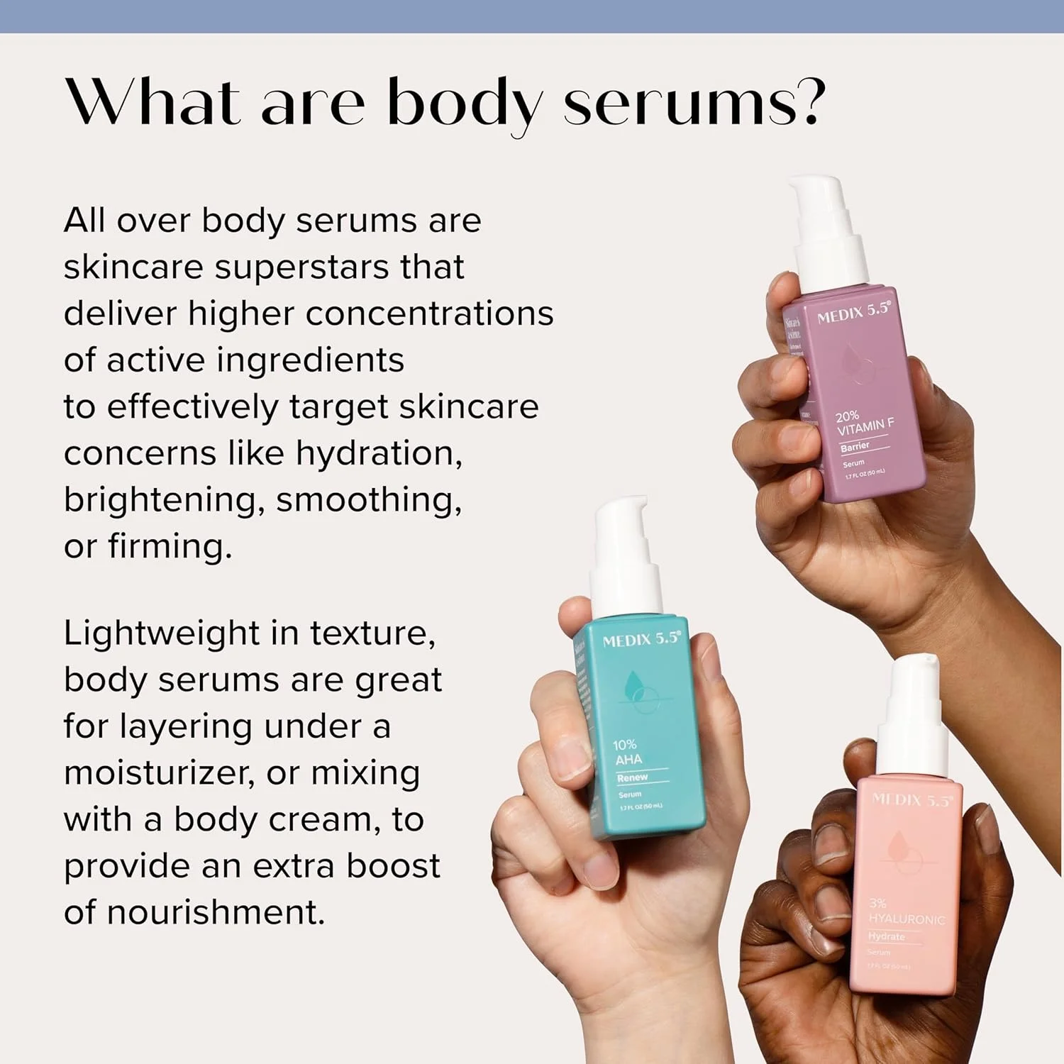 مجموعه ۳ عددی سرم صورت و بدن ضد پیری مدیکس 5.5، سرم لایه بردار 10% AHA + سرم آبرسان 3% اسید هیالورونیک + سرم تقویت کننده بدن و صورت روغن ویتامین F 20% برای روتین مراقبت روزانه پوست