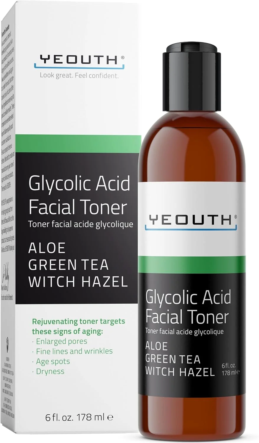 تونر گلیکولیک اسید YEOUTH برای صورت با فندق افسونگر، تونر صورت، لایه بردار ملایم آبرسان بدن و صورت برای زنان، تونر پوست، تونر گلیکولیک 8%، 177 میلی لیتر