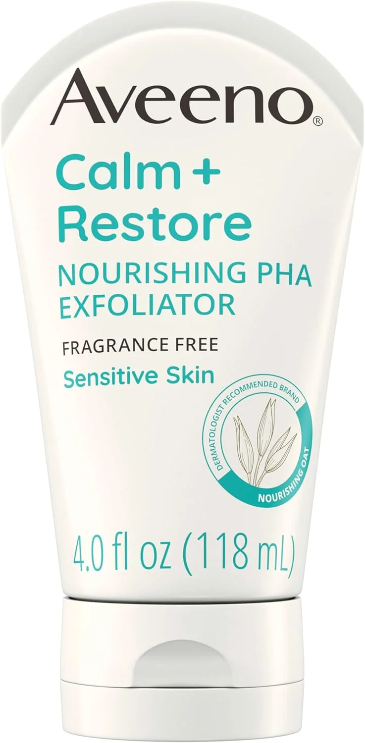 لایه بردار صورت روزانه آوینو Calm + Restore Nourishing PHA برای پوست حساس، فرمول جو دوسر بدون عطر و غیر سایشی برای لایه برداری و پاکسازی ملایم پوست، ضد حساسیت، 4 fl. oz