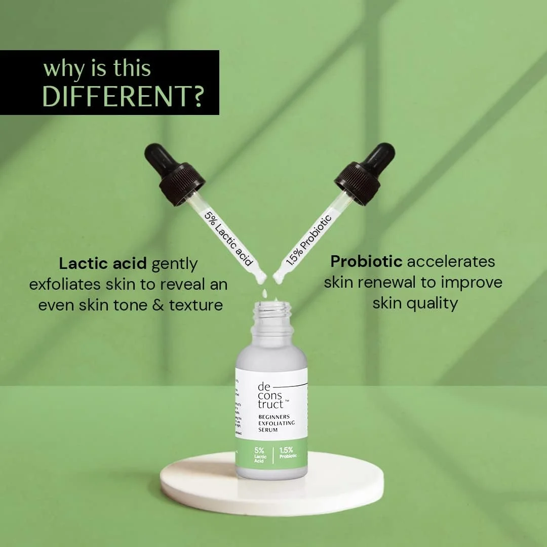 سرم لایه بردار ملایم دکانستراکت با 5% لاکتیک اسید (AHA) + 1.5% پروبیوتیک | لایه بردار صورت برای روشن کردن پوست، یکنواخت کردن لکه های تیره و جای جوش، تقویت و صاف کردن پوست | 30 میلی لیتر