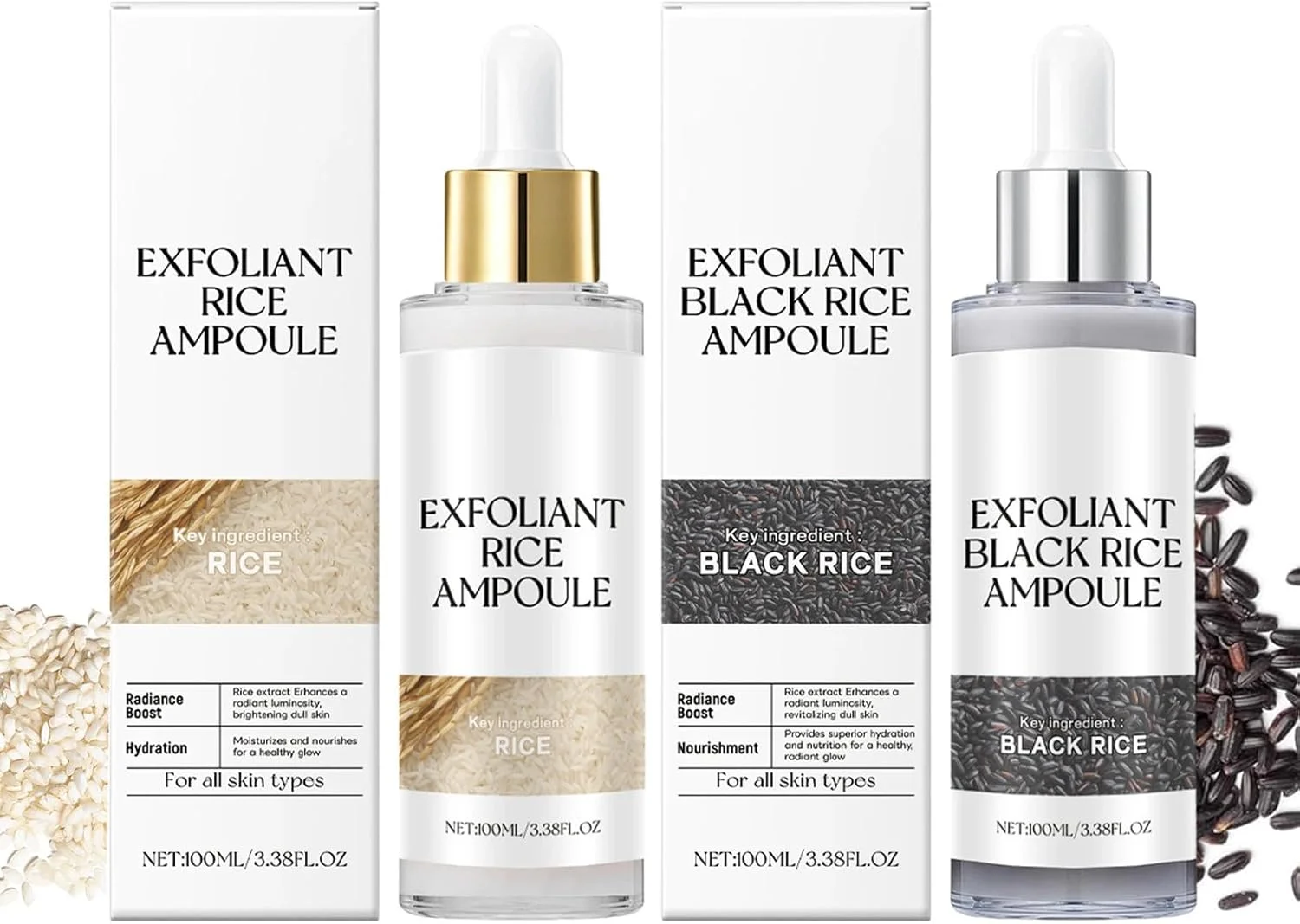 مجموعه دوتایی آمپول برنج درخشان لایه بردار، لایه بردار برنج سیاه و سفید، لایه برداری ملایم + کوچک کننده منافذ، اسکراب لایه بردار صورت و بدن برای انواع پوست