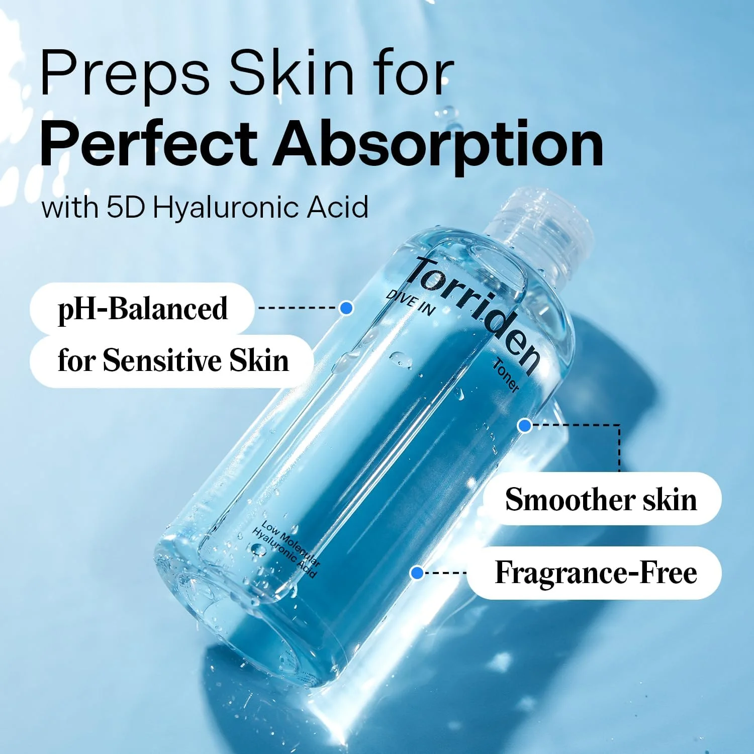 تونر هیالورونیک اسید با وزن مولکولی پایین توریدن Dive-in 300 میلی لیتر | تونر صورت با pH پایین برای آبرسانی، لایه برداری، پوست حساس و چرب | بدون الکل، بدون عطر، بدون رنگ