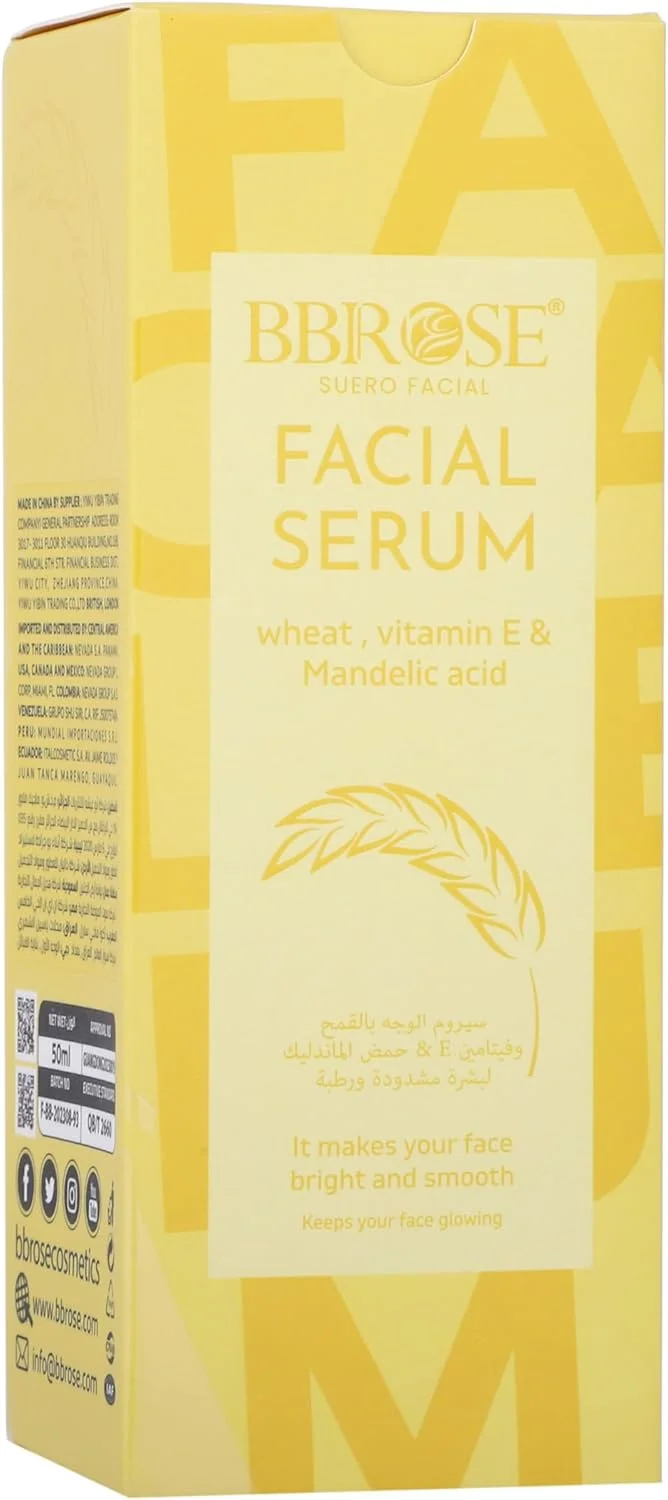 سرم صورت ماندلیک اسید و گندم BBROSE، سرم لایه بردار ملایم برای ظاهری صاف و درخشان، کمک به بهبود بافت و رنگ پوست با ویتامین E، 50 میلی لیتر