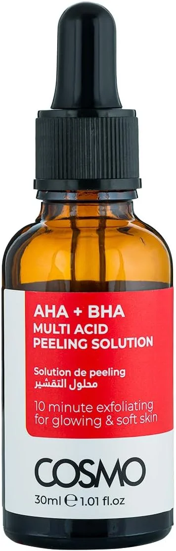 محلول لایه بردار چند اسیدی Cosmo AHA + BHA برای پوست درخشان و نرم 30 میلی لیتر | برای آقایان و بانوان | مراقبت از صورت | لایه برداری 10 دقیقه ای | بافت صاف | پاکسازی منافذ | پوست چرب | صورت | زیبایی