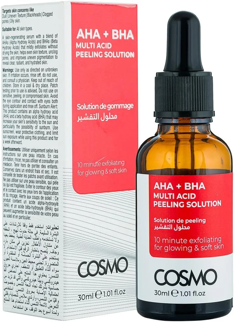 محلول لایه بردار چند اسیدی Cosmo AHA + BHA برای پوست درخشان و نرم 30 میلی لیتر | برای آقایان و بانوان | مراقبت از صورت | لایه برداری 10 دقیقه ای | بافت صاف | پاکسازی منافذ | پوست چرب | صورت | زیبایی
