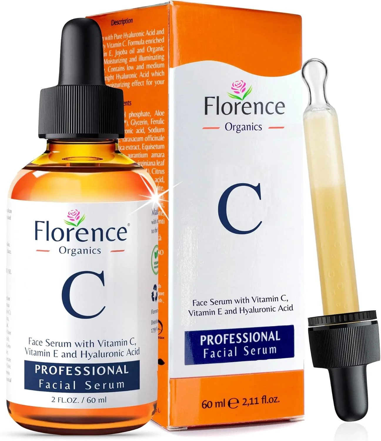 سرم ویتامین C ارگانیک بزرگ با حجم 62 گرم برای صورت. سرم ترمیم کننده پوست ضد لک تیره و چین و چروک با اسید هیالورونیک، ویتامین C و نیاسینامید. روشن کننده، ضد پیری برای پوست صورت و ناحیه چشم
