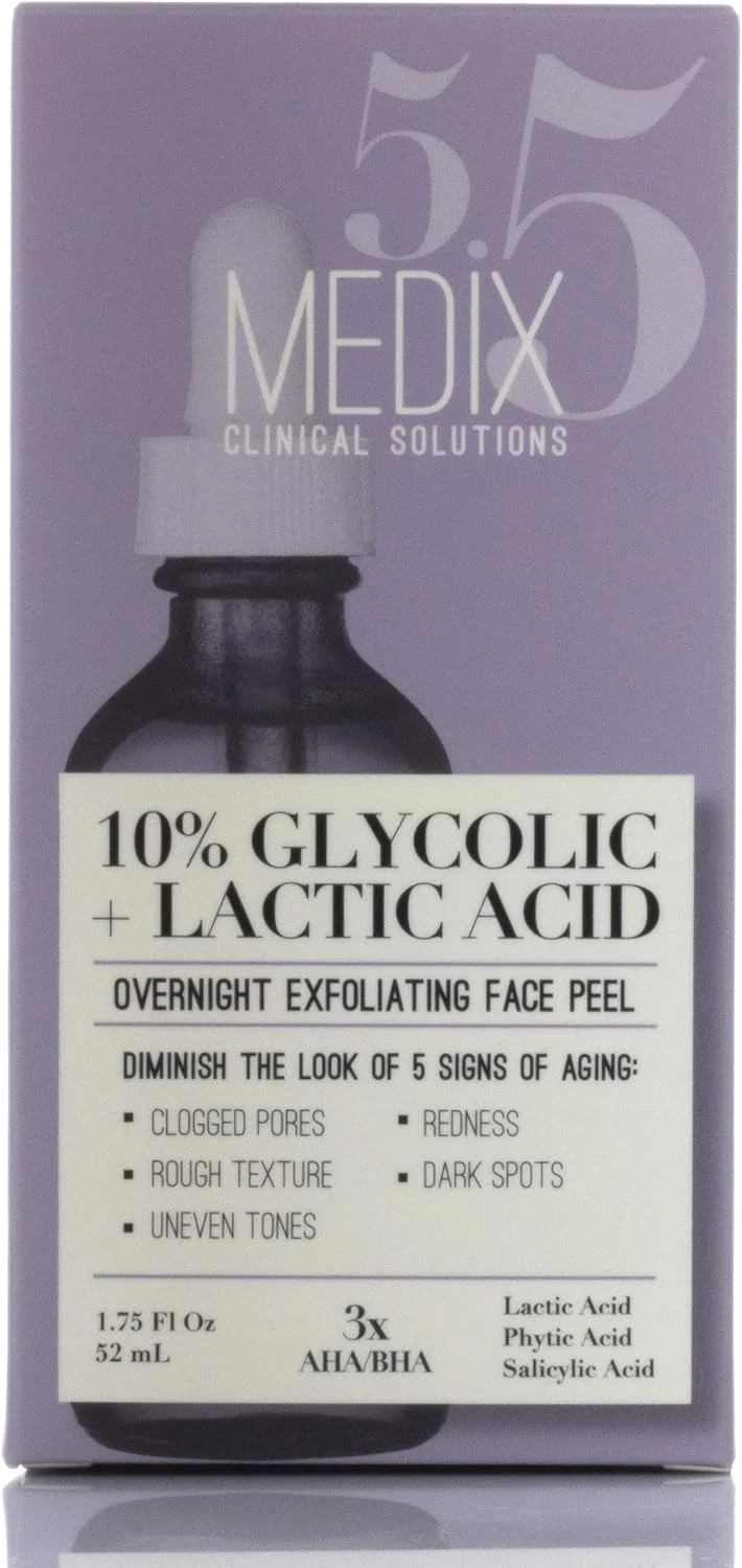 سرم لایه بردار صورت حاوی 10% گلیکولیک اسید مدیکس به همراه لاکتیک اسید + سالیسیلیک اسید | لایه برداری ملایم پوست، مناسب برای خطوط ریز، چروک، منافذ باز و لکه های ناشی از افزایش سن | حجم 52 میلی لیتر